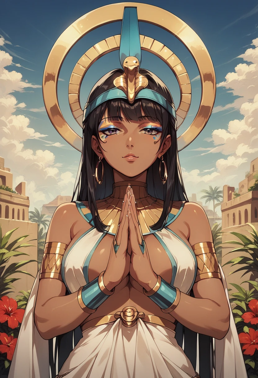 Egyptian costume, dark skin, beautiful, beautiful face, smooth body, Egyptian background, praying,anime girl