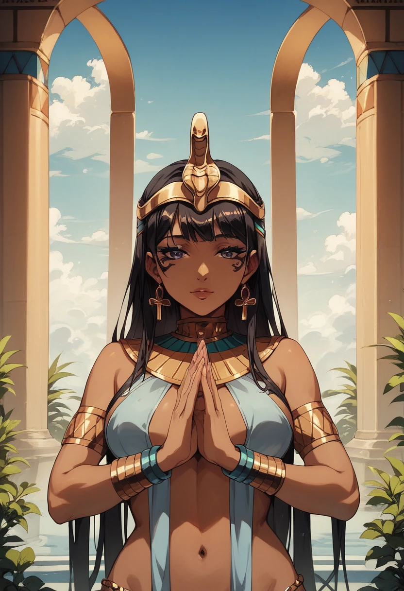 Egyptian costume, dark skin, beautiful, beautiful face, smooth body, Egyptian background, praying,anime girl