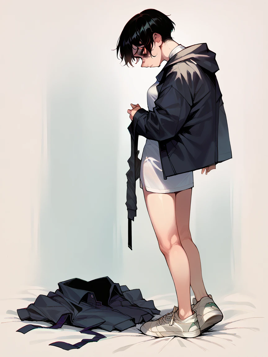 female, grown-up, women, short hair, black hair, removing Tailored black jacket, white shirt, full body