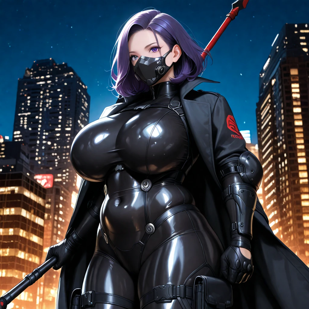  accurate human body、 anatomically correct、５ Fingers,Night City、 building roof、Vigilante 、Super hero,  mature woman 、huge tits、huge hip、 medium hair、 plump 、 muscular、anger、Tree Eyes、Purple Hair、 shiny skin 、 gray bodysuit 、oversized black trench coat、Holding a spear、Elbow pads、Shin Guards、Ready for battle、huge breasts,mouth mask