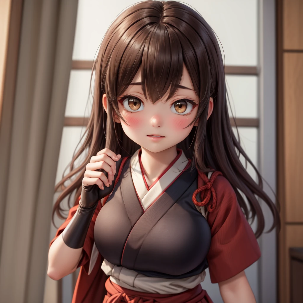 (masterpiece, best quality:1.2),illustration,8k,hd,1girl,solo,upper body,(portrait:1.2),long_hair,brown_hair,brown_eyes,muneate,tasuki,hakama,straight_hair,gloves,japanese_clothes,partially_fingerless_gloves,single_glove,hakama_skirt,skirt,hakama_short_skirt,