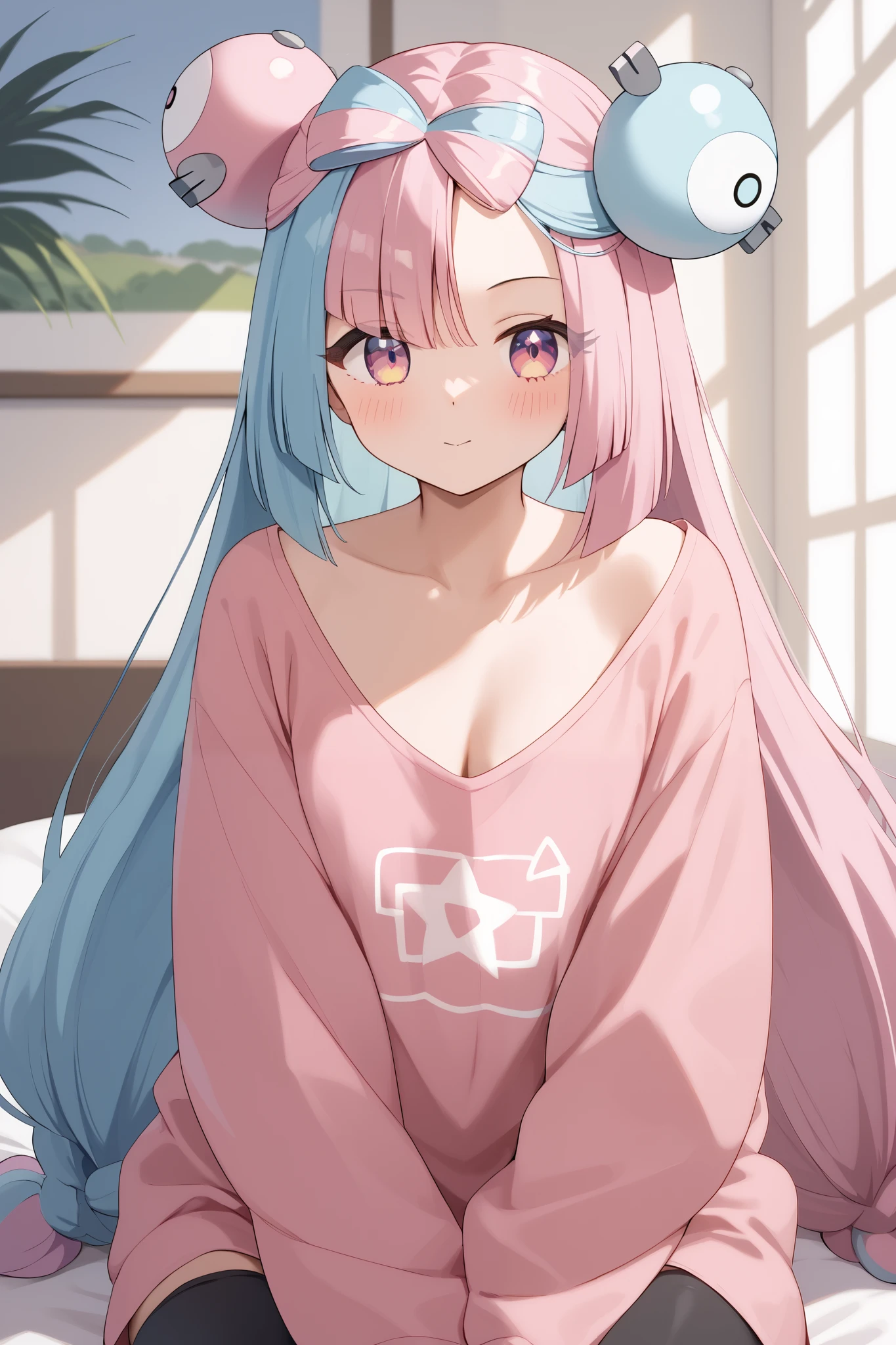 NSFW,masterpiece, top quality , high res, very detailed,Pokemon Iono、 blue hair、Bow-shaped hair、キャラクターの hair ornament、 hair ornament、 long hair、低く結んだ long hair、Multicolored Hair、 pink hair、 split color hair、 twin tails、 two-tone hair 、 pink eyes, oversized shirt, sleepy look after intercourse, living room