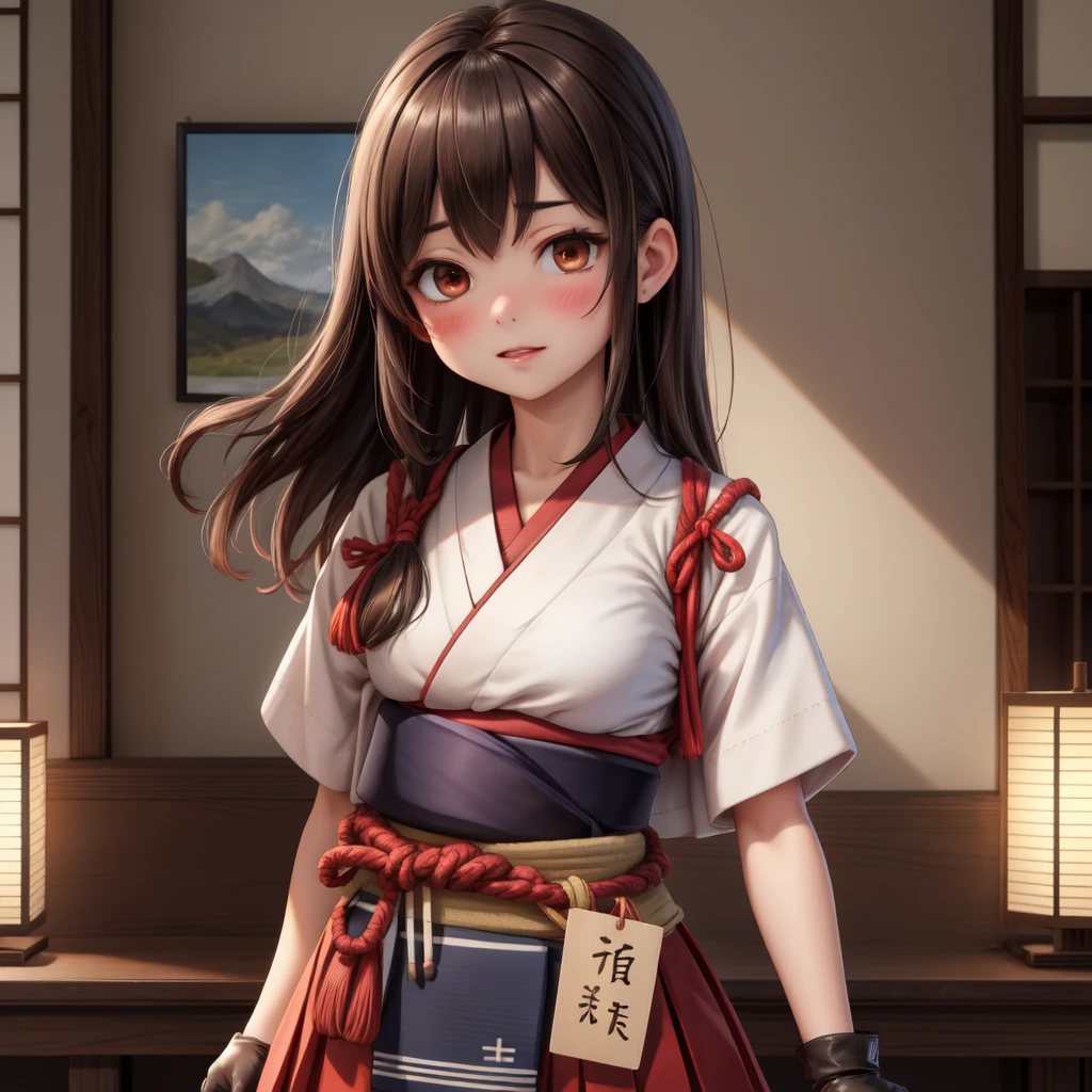 (masterpiece, best quality:1.2),illustration,8k,hd,1girl,solo,upper body,(portrait:1.2),long_hair,brown_hair,brown_eyes,muneate,tasuki,hakama,straight_hair,gloves,japanese_clothes,partially_fingerless_gloves,single_glove,hakama_skirt,skirt,hakama_short_skirt,