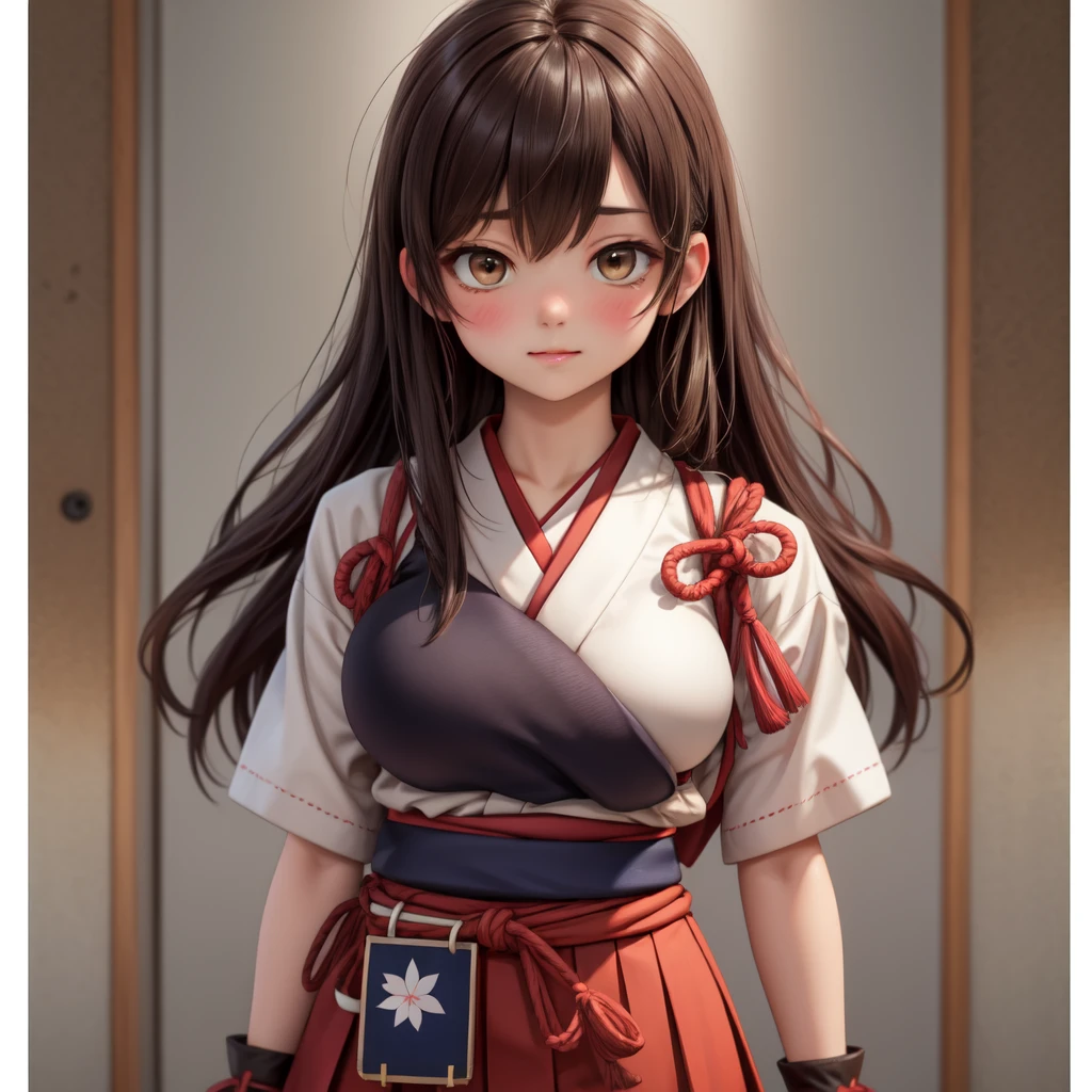 (masterpiece, best quality:1.2),illustration,8k,hd,1girl,solo,upper body,(portrait:1.2),long_hair,brown_hair,brown_eyes,muneate,tasuki,hakama,straight_hair,gloves,japanese_clothes,partially_fingerless_gloves,single_glove,hakama_skirt,skirt,hakama_short_skirt,