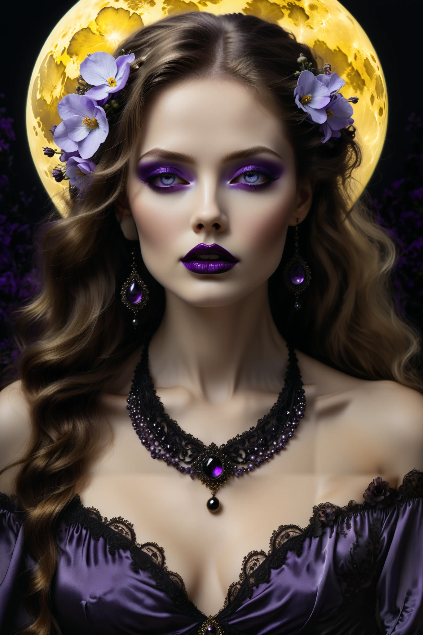 (  Absurdly , High quality , ultra detailed ) ,( hand detailed ) , 1girl, solo, mature, very long hair, purple petals flowers violets hair, beautiful crystal eyes,( eye detailed )black eyeshadow,black/dark red lipstick, false eyelashes, Baroque, Necklace locket, long dress, gothic influences, long sleeve, elegant, black,silk and satin,dark colors, highest detailed,extreme attention to facial features,goddess, gorgeous, upper body, heaving chest, more violets, dark side art, luxurious, outside, detailed full moon, yellow and spherical, extreme attention to the moon. Photo realistic, portrait photography, realism,best quality, masterpiece.