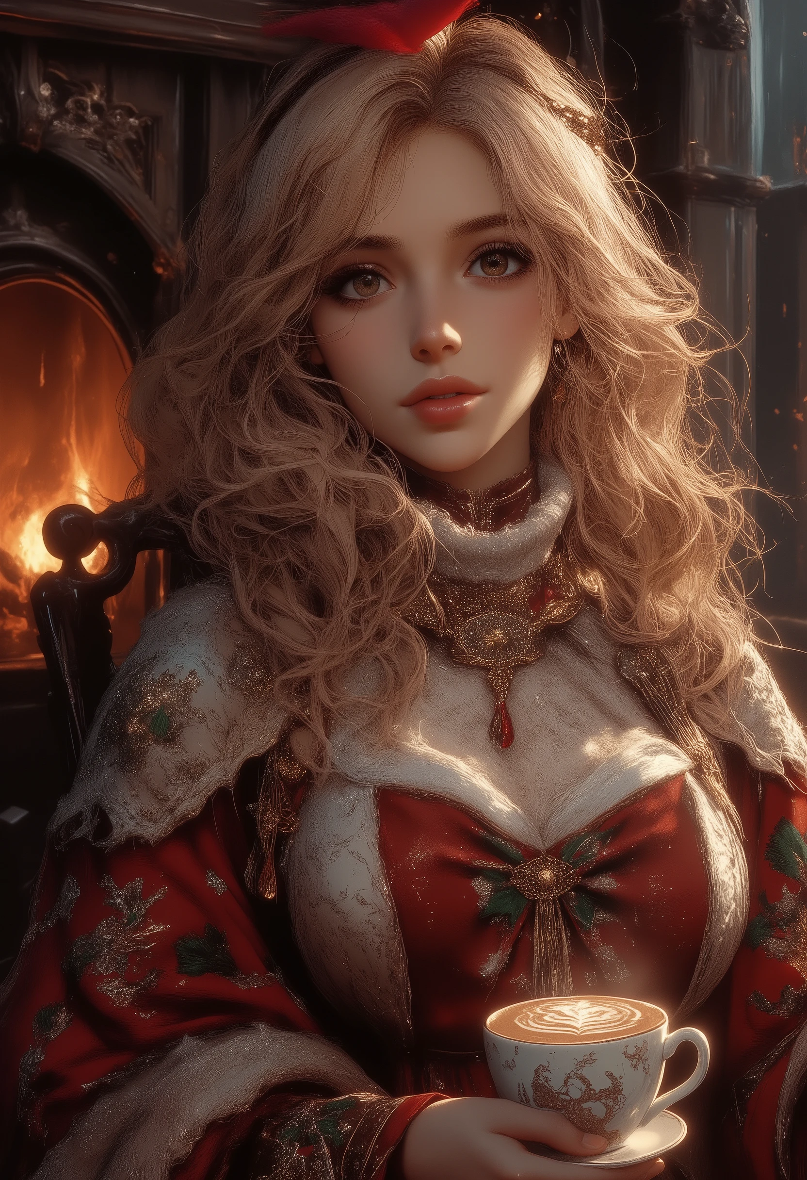 A beautiful woman with beautiful eyes:1.2, detailed eyes, beautiful full lips, highly detailed eyes and faces, long eyelashes, cute expression, smile, sitting:1.4, holding a cup of hot latte, homely background, Christmas sweater, fireplace, warm light, detailed lighting and shadows, anime style, 8k, Hi-Res, masterpiece:1.4, bright colors,