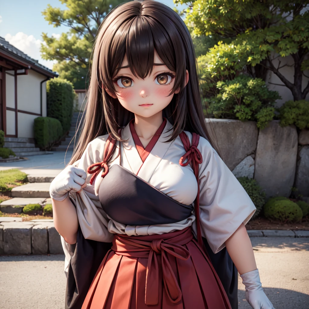 (masterpiece, best quality:1.2),illustration,8k,hd,1girl,solo,upper body,(portrait:1.2),long_hair,brown_hair,brown_eyes,muneate,tasuki,hakama,straight_hair,gloves,japanese_clothes,partially_fingerless_gloves,single_glove,hakama_skirt,skirt,hakama_short_skirt,