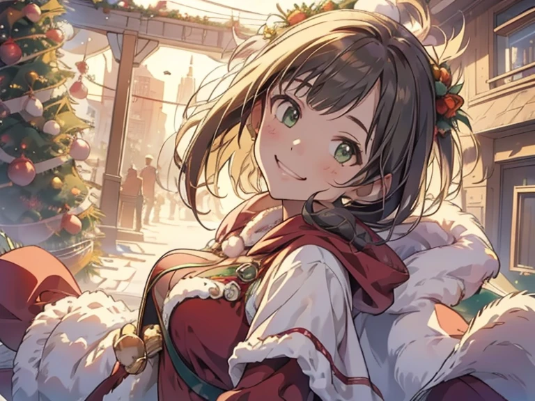 woman, cheerful grin, waving at the camera, looking at viewer, short hair, brown hair, green eyes, slim, beautiful breasts,  ((simple red christmas costume, fake fur, poncho)), 20-year-old, in the city, with a rainbow, with a flower, in the evening, cute, the anime one, soft lines, upper body, from front, Golden hour high resolution, masterpiece,  textured skin, 