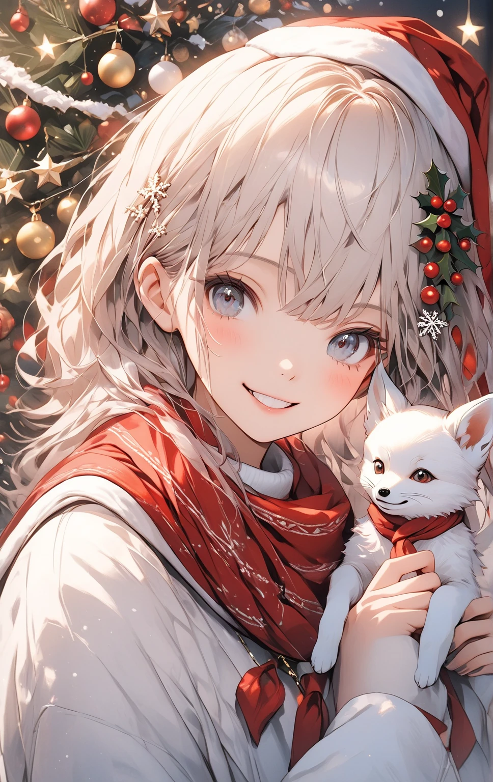 masterpiece :1.2， top quality， high definition ，8ｋ， christmas illustration，Christmas food ， white **** fox ， Letter with a small red bandana wrapped around the neck 、cute, Priest , Details， professional photo shooter that makes you look like an idol， happy expression， Christmas winter scenery ，