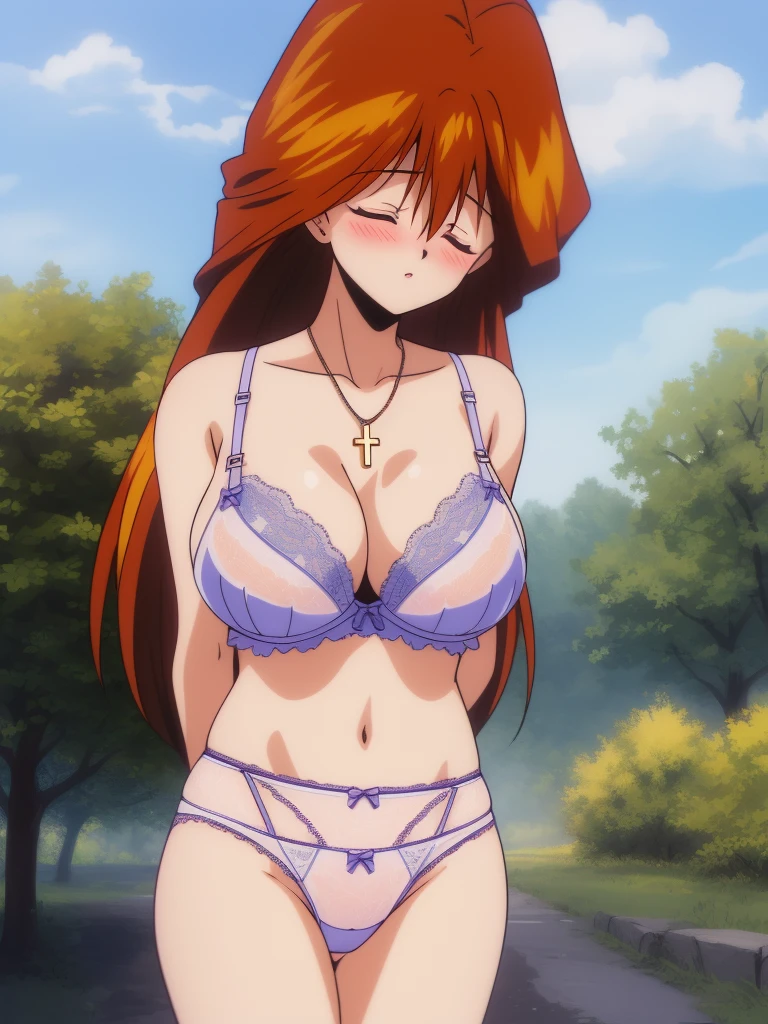 Iyona, 1girl, solo, underwear, panties, bra, lingerie, long hair, blush, cowboy shot,  closed eyes, huge_breasts, see-through, orange hair, necklace, underwear only, cross, bound, 1990s \(style\), anime, anime_screencap, animated gif, mp4 ,video, animated, masterpiece, high quality, very_high_resolution, large_filesize, full color,