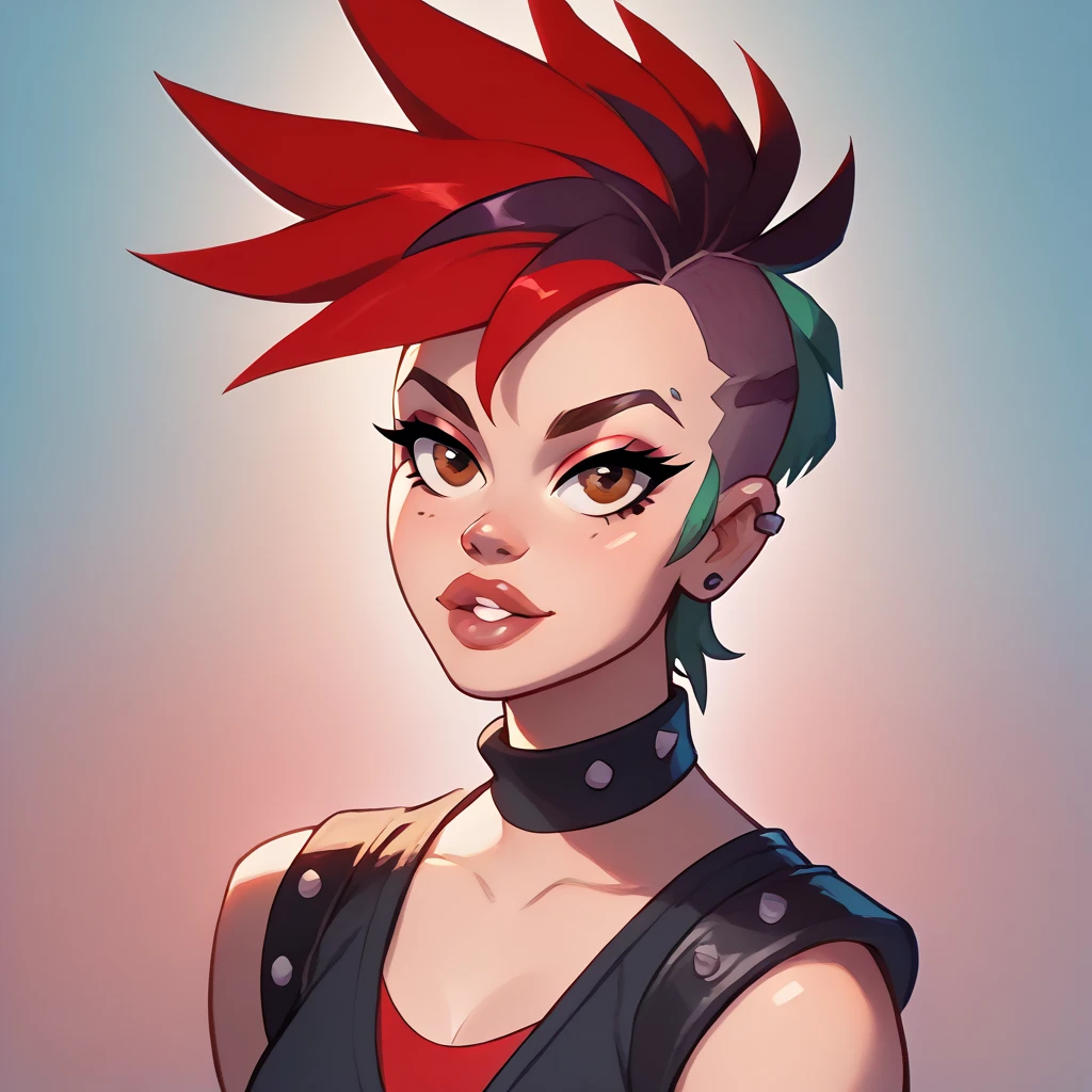 Punk girl with short hair ,  brown eyes,  lips painted green with a sleeveless low-cut shirt, short, medias de red, Red boots 