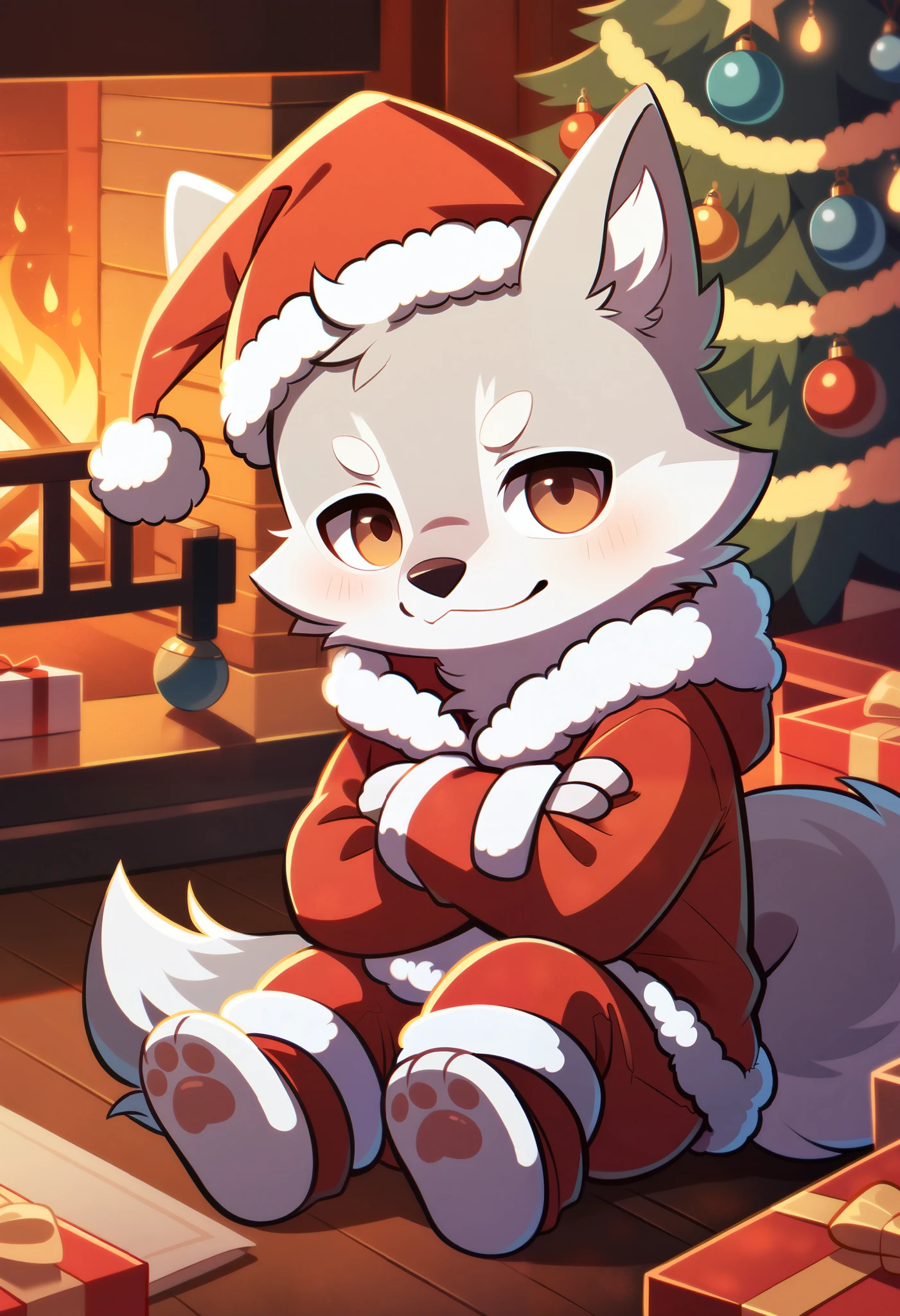 Solo, cute anthro furry white wolf male, brown eyes, brown wolf ears, white wolf tail, cute snout, in a cozy cabin, wearing red Christmas Santa costume, red pants, white gloves, Santa hat, sitting on the floor, smiling, Christmas tree, ornaments, close up, looking at viewer, (white fur), (white wolf), cute, cartoon style, adorable art, sitting, chibi art, (Chibi), (crossed arms), Chibi, white groves, blushes up, red face.