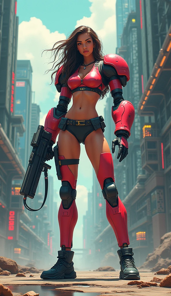 A badass muscular 21 year old female wearing red doomguy doom marine armor bikini and helmet from DOOM with large breasts holding gigantic futuristic rifle walking down hallway of futuristic space station