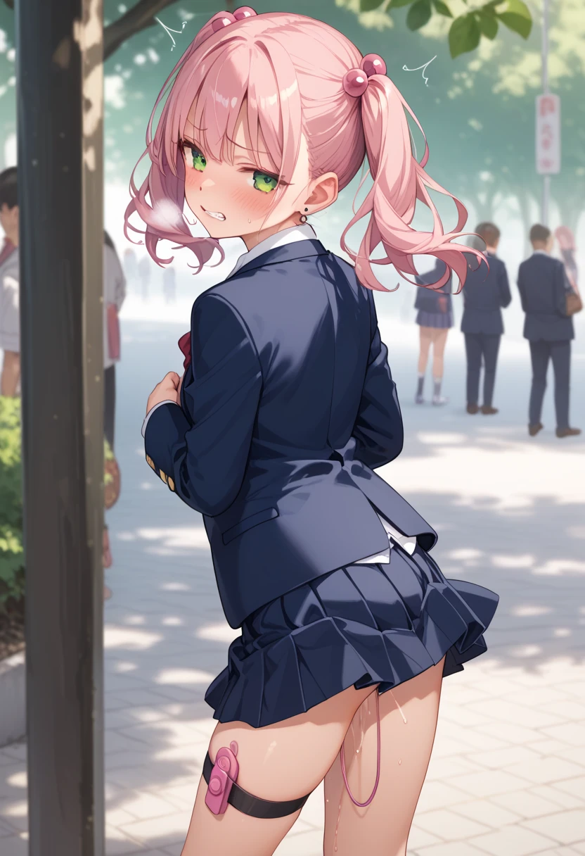 score 9, score 8 up, score 7 up, source anime,rating explicit,break, 1girl,mesugaki,looking at penis, twintails,pink hair,middle hair, green eyes, piercings,high quality, detailed shiny skin, detailed beautiful hair, detailed beautiful eyes, (high resolusion:1.2), 4K, official art, high quality、zako (meme),blush,school uniform,short skirt,blazer,detailed cloth,collared shirt,hair light green bobbles ,choker,red bowtie,heavy breathing,in heat,black skirt,egg vibrator,object insertion,pleated skirt,public indecency,pussy juice,sex toy,silhouette,simple background,skirt tug,solo,thighs,vaginal,vaginal object insertion,vibrator,vibrator in thigh strap,clenched teeth,trembling,covering crotch,covering privates,skirt tug,,from behind,back,covering ass,looking back
