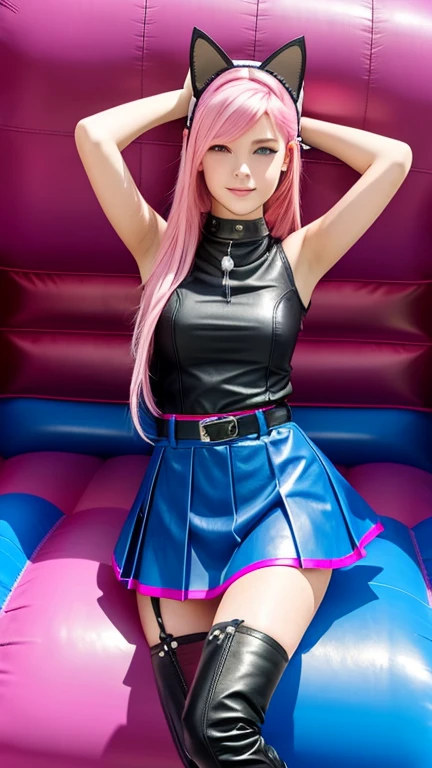  teenager with pink hair,  slim model , Leather top ,  pleated skirt Ledger ,  leather sleeve warmer blue,  knee-high leather boots, Cat ears, bouncy castle 