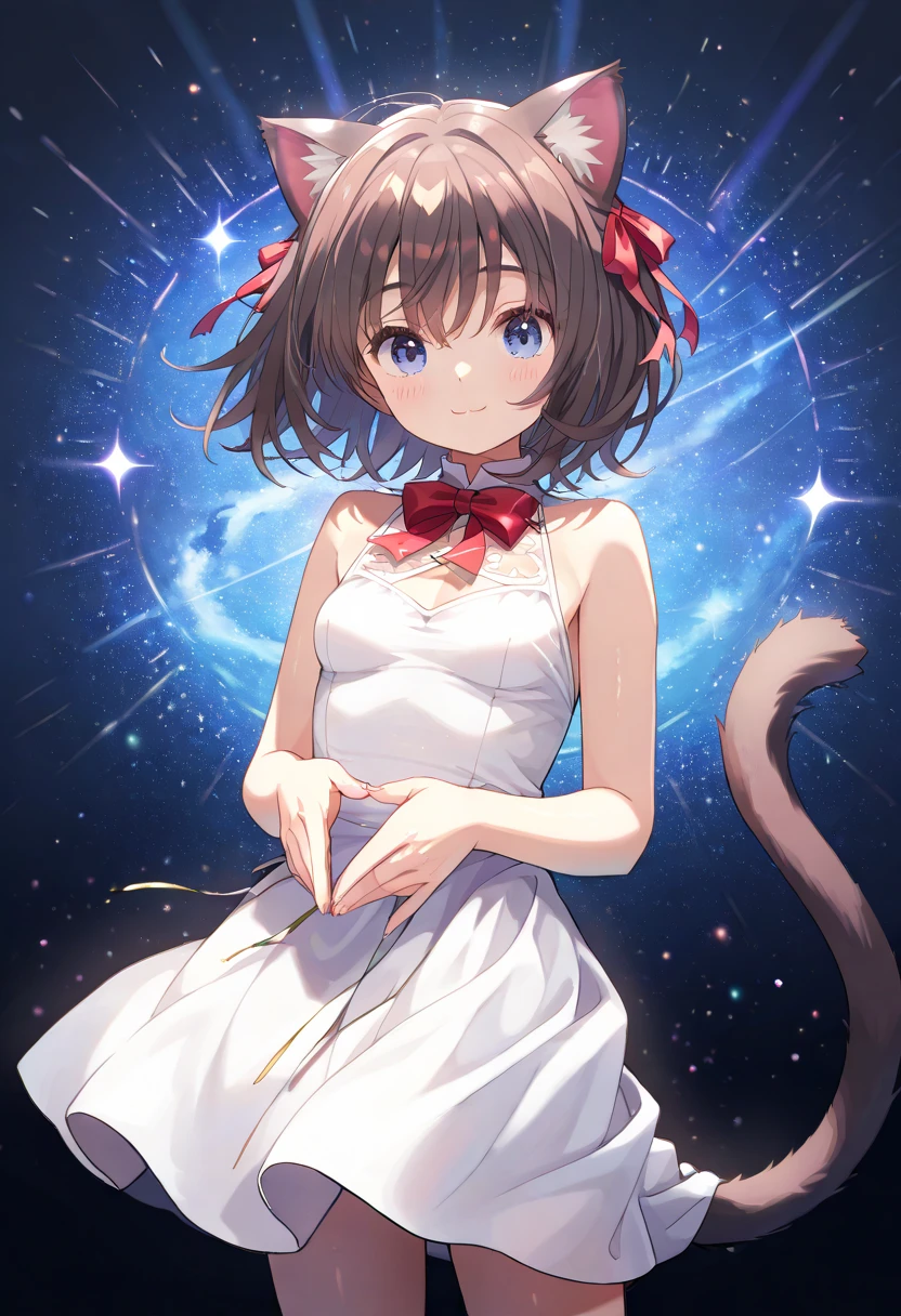  top quality 、 One Girl 、Brown cat ears and tail 、 slender body、Slender legs、Tiny breasts、 shiny dark brown hair 、 short hair、 cobalt blue eyes 、white dress with red bow、Lush forest、The sun shines in、smile、 raise both hands、 looking up at the sky