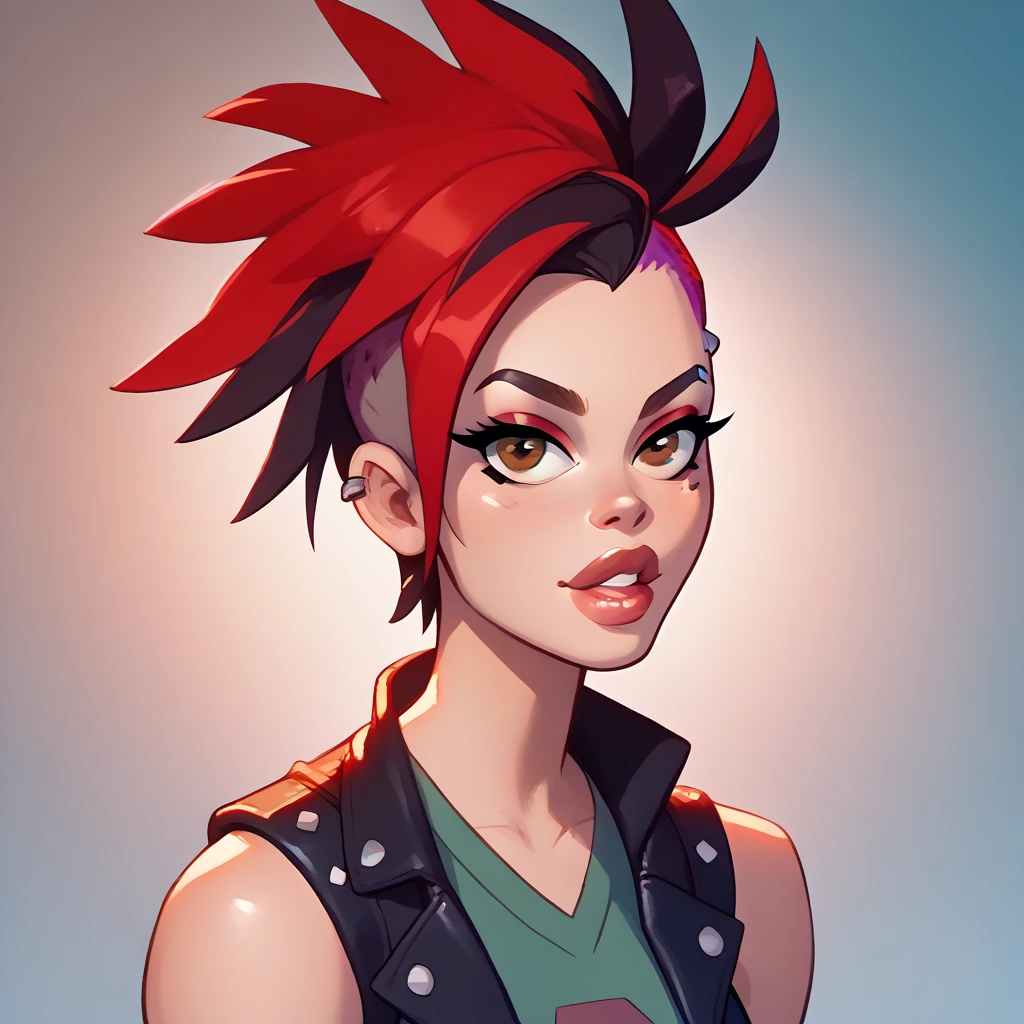 Punk girl with short hair ,  brown eyes,  lips painted green with a sleeveless low-cut shirt, short, medias de red, Red boots, posing