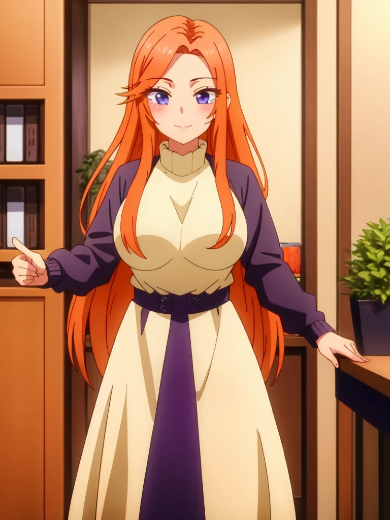 ((best quality)),((highly detailed)),masterpiece,absurdres,detailed face,beautiful face,(detailed eyes, deep eyes),1girl,((dynamic pose)) ,  Mai, long hair, solo, purple eyes, orange hair, smile, blush, indoors, window, long sleeves, dress, sweater, very long hair, breasts, bangs, standing, closed mouth, sidelocks, medium breasts