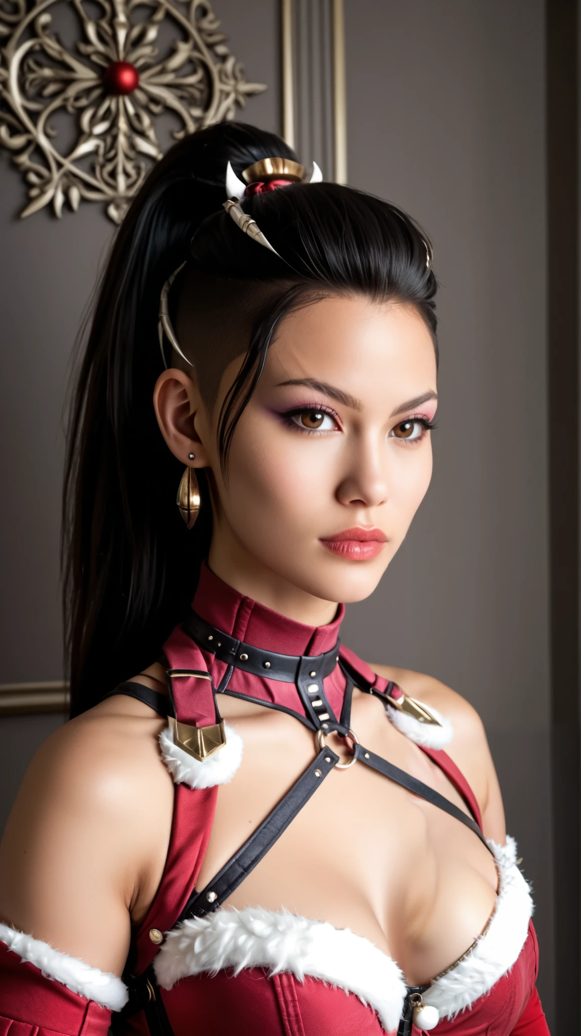 (CG unity 4k extremely detailed),(masterpiece),(ultra quality),(ultra detailed),(best shadow),(absurd),(detailed background) Mileena, Human Form, Human, 1 girl, solo, long hair, earrings, black hair, ponytail, ponytail with front hump, shaved sides with ponytail, jewelry, lips, closed mouth, xmasdr3ss, tights, gloves, dress, cleavage, elbow gloves, collar, white tights, fur trim, bell, christmas, corset, red gloves, santa costume, santa dress serious, focused, realistic, brown eyes, bare shoulders, average breasts, average breasts, upper body body, looking at the observer, facing the observer