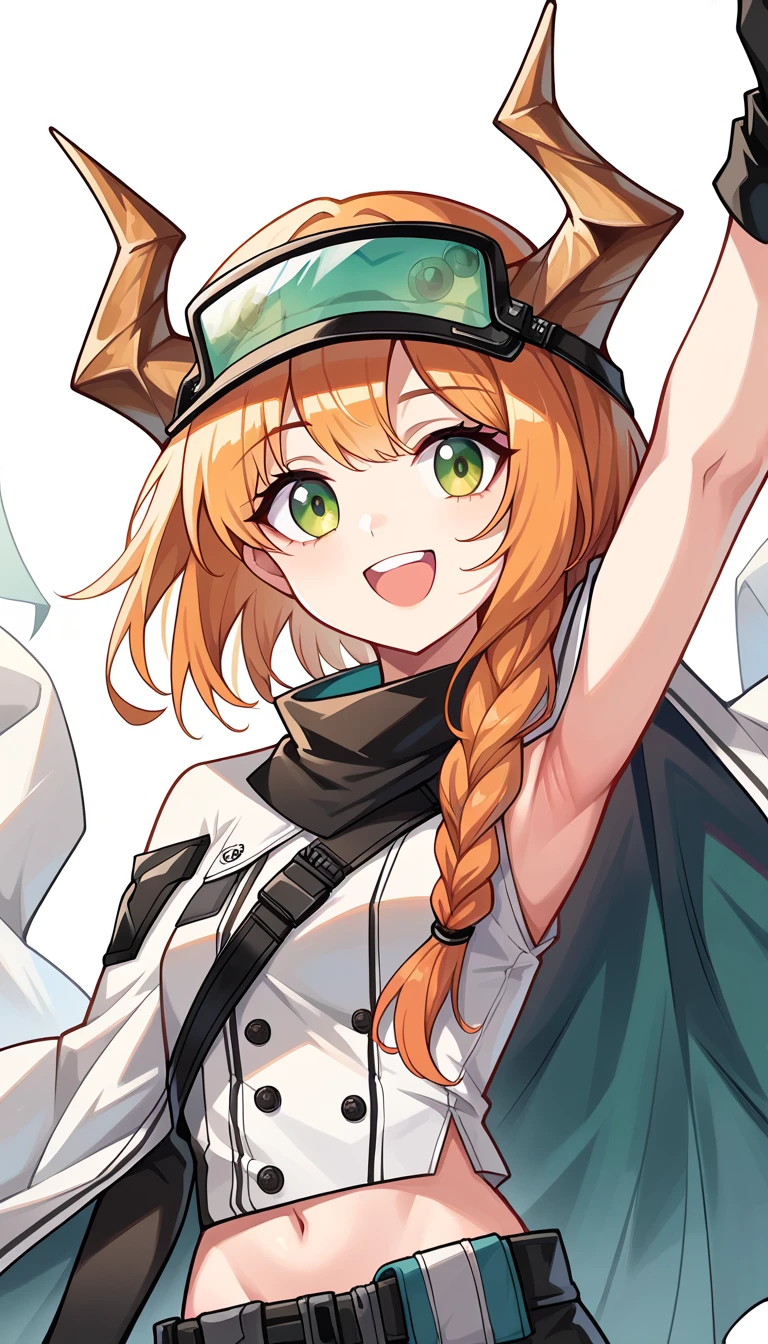  top quality , masterpiece,  high res, Alone, {Croissant_arknights:1.15}, horn,  orange _hair, green_eye, 前hair, smile,  , length_hair, open_mouth,  upper_body, chest,  visor_ cap, midriff, ox_horn,  short_hair,  One girl ,  braided , tooth, :d, Naked_shoulder, black_ gloves,  fingerless_ gloves,  gloves, official_alternine_ costume , elbow_ gloves, goggles, arm_ up, goggles_around _neck,  in rot _in_viewer, twin_ braided s, armpits,  portrait, simple_background, swein