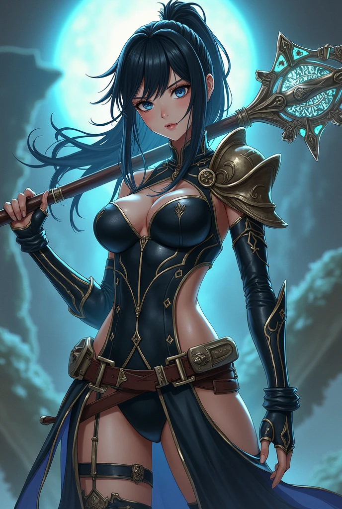 masterpiece, best quality, 1woman, older MILF, female focus, solo, black hair, long hair with fringe, vibrant blue eyes, looking at viewer, cape, High quality metal texture, closed mouth, bangs, high collar,(kbxll:0.6), Fantasy aesthetics, Highly detailed, shadowverse style