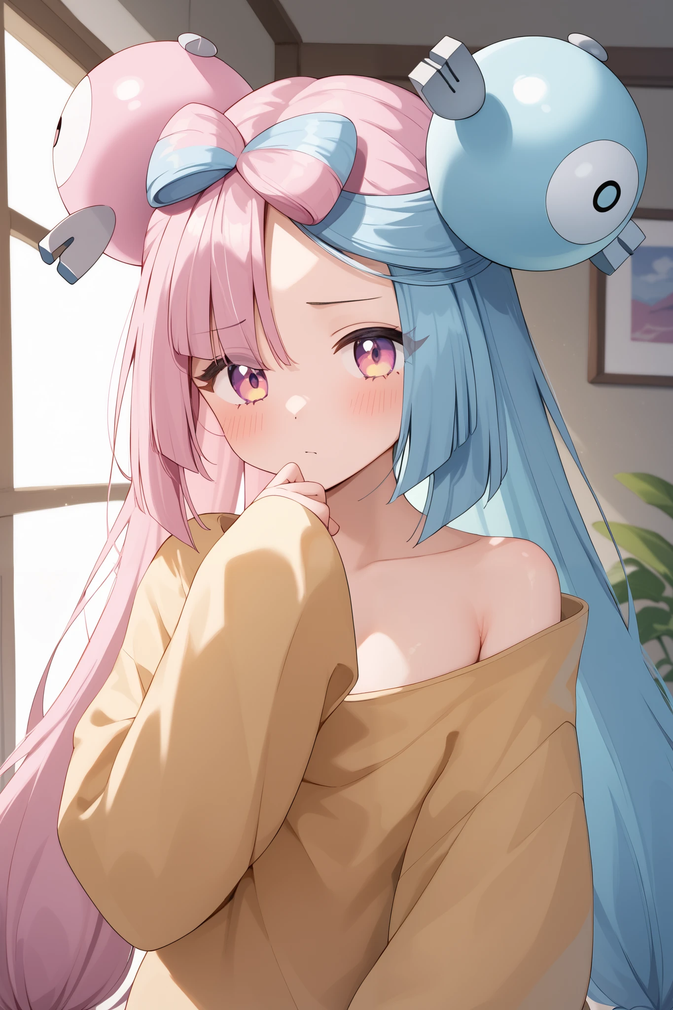 NSFW,masterpiece, top quality , high res, very detailed,Pokemon Iono、 blue hair、Bow-shaped hair、キャラクターの hair ornament、 hair ornament、 long hair、低く結んだ long hair、Multicolored Hair、 pink hair、 split color hair、 twin tails、 two-tone hair 、 pink eyes, oversized shirt,Baggy clothes,sleepy, living room