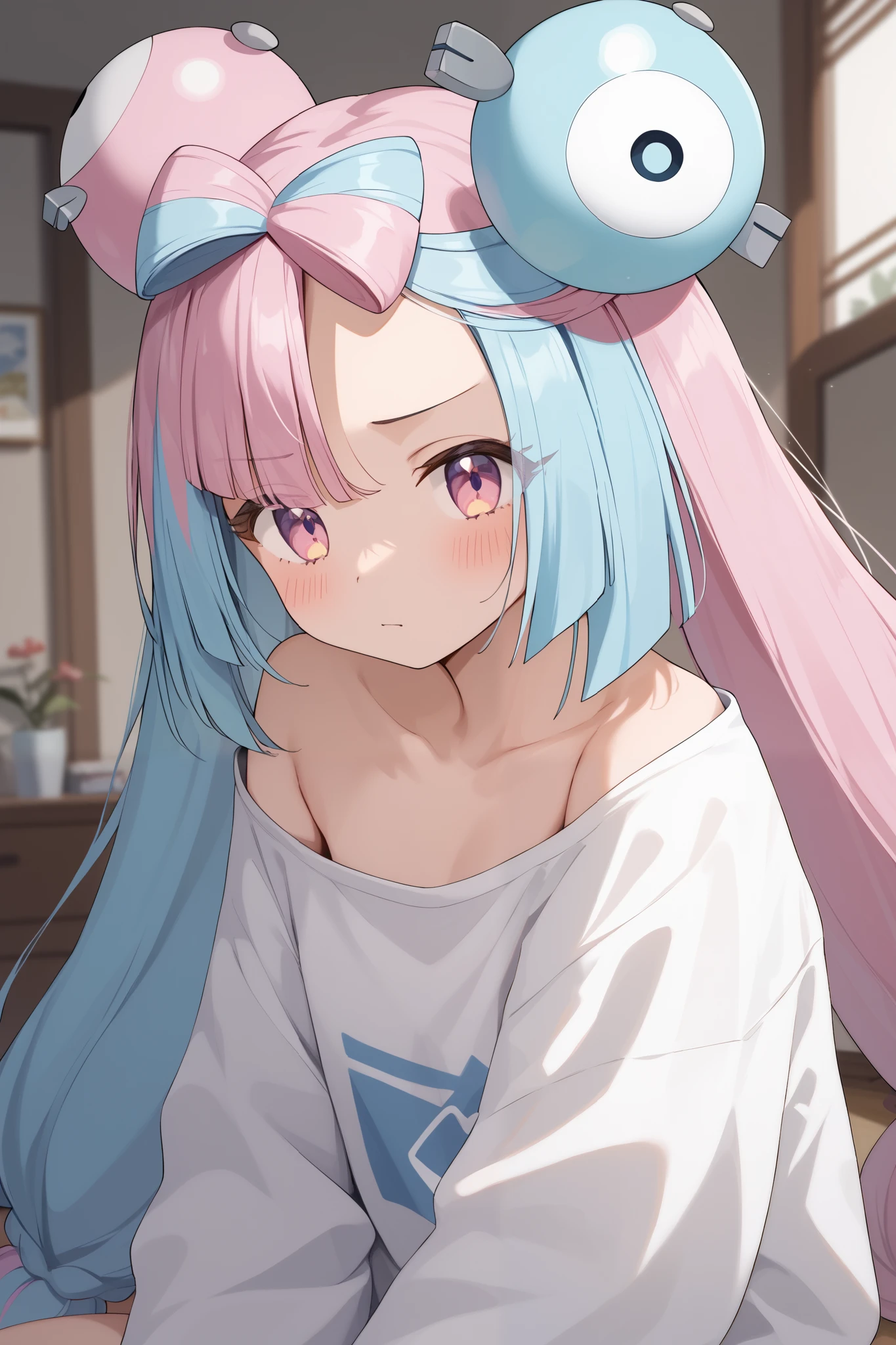 NSFW,masterpiece, top quality , high res, very detailed,Pokemon Iono、 blue hair、Bow-shaped hair、キャラクターの hair ornament、 hair ornament、 long hair、低く結んだ long hair、Multicolored Hair、 pink hair、 split color hair、 twin tails、 two-tone hair 、 pink eyes, oversized shirt,Baggy clothes,sleepy, living room