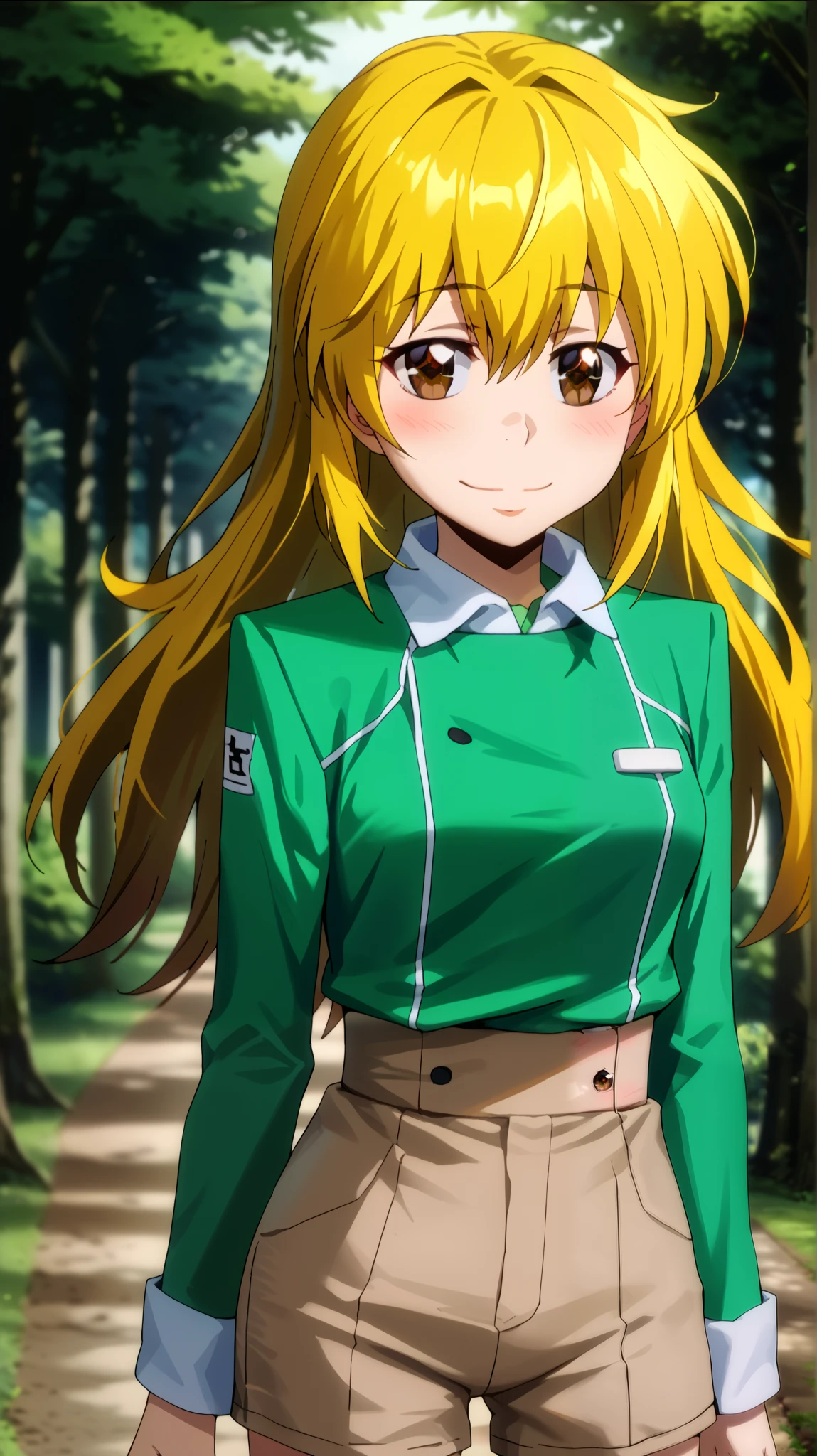  1 girl fights, solo. Красивая brown-eyed  девушка блондинка, (( brown eyes , brown-eyed )) smile,  smiles, (( very long yellow hair to the waist , bangs)),  Full-length girl , lilac t-shirt , green jacket,  big bust , Breasts,  thin waist, khaki shorts,  slender legs , skinny legs, high black thigh boots ,  long hair to the waist, in the anime style katekyo hitman reborn ,  against green electrical shocks , thunderstorm zippers ,  electrical discharges around clothes and skin,  smiles,  blush on the cheeks , red cheeks, smile, Blushing,  Smile , in the park, trees,  Sharp focus ,   soft lighting , ( very detailed face ), ( very detailed eyes ),   brown eye ,  Depth of field , ((  looks at the viewer  ))1 girl, solo,  high definition, 