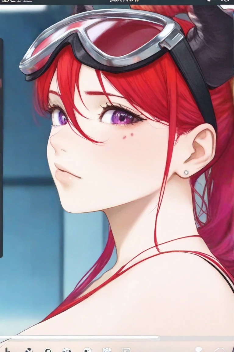 Face shot of a Caucasian, red-haired, blue eyes woman wearing a red eyes mask, bright yellow swimsuit, red silken gloves. masterpiece,ultra quality,full details,perfect face, laugh, masterpiece, ultra best picture, ultra intricate creative detail, hyper realistic detail, ultra hyper photo realism, ultra-hyper immersive visuals, score_9,score_8_up,score_7_up,