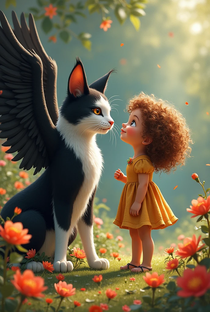 A girl with curly hair, king , with big eyes , in a place full of flowers , seeing his white cat with black and wings , smiling
