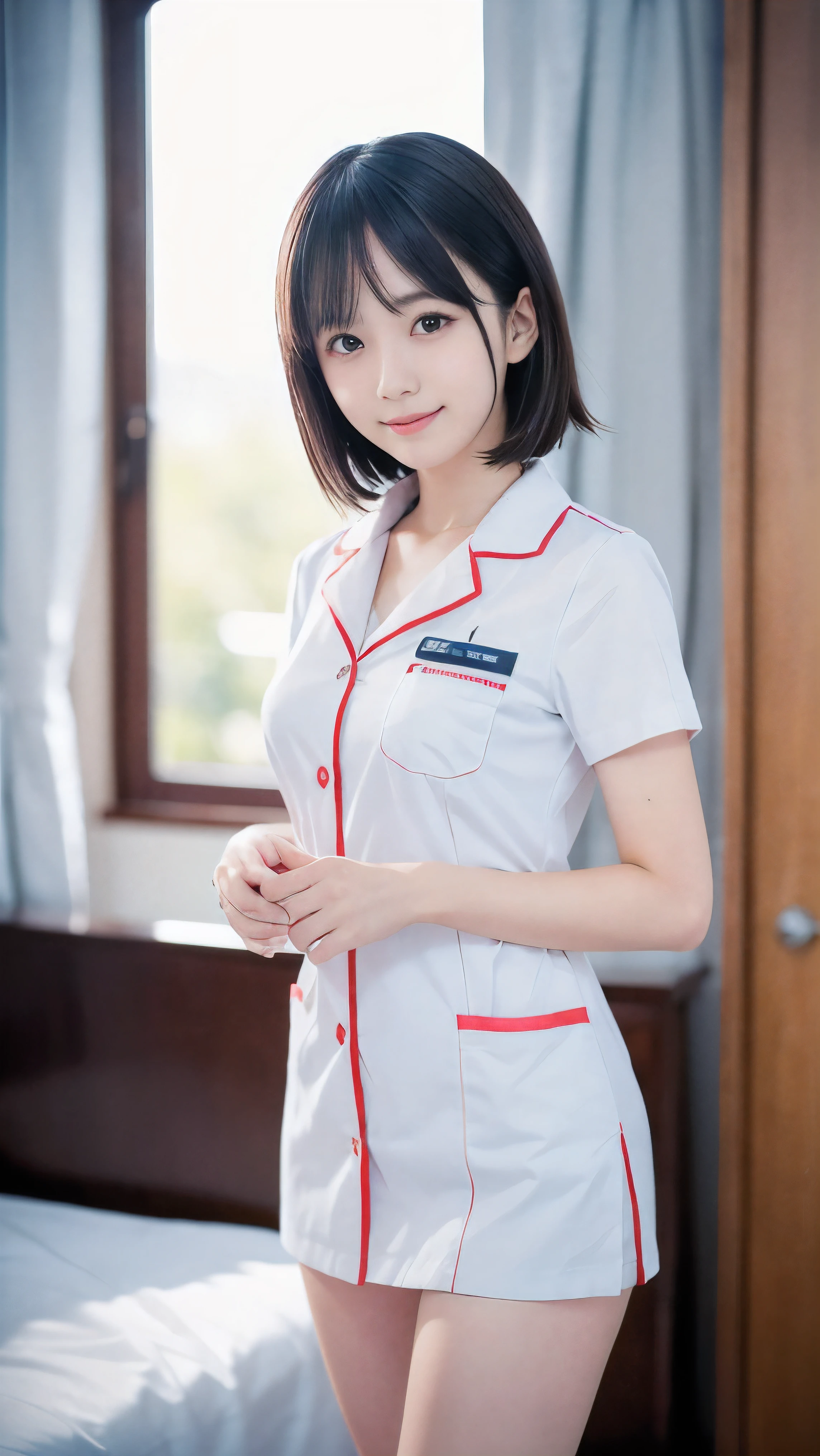(Close-up face shot of one slender small breasts two side up black medium hair with bangs girl in a white nurse uniform:1.5)、(One nurse hold out her hands in front of bed of the hospital room with happy smile:1.5)、(blurred background:1.5)、(Natural light:1.5)、(High-key photo:1.5)、(8k ultra detailed master piece:1.5)、(perfect anatomy:1.5)、(Photorealistic stick:1.5)、(Raw photo:1.3)、(highest quality:1.5)、(High resolution:1.3)、(Delicate and beautiful perfect face:1.3)、(Delicate and beautiful eye air skin:1.3)、(Real Human Skin:1.3)、((thin legs))