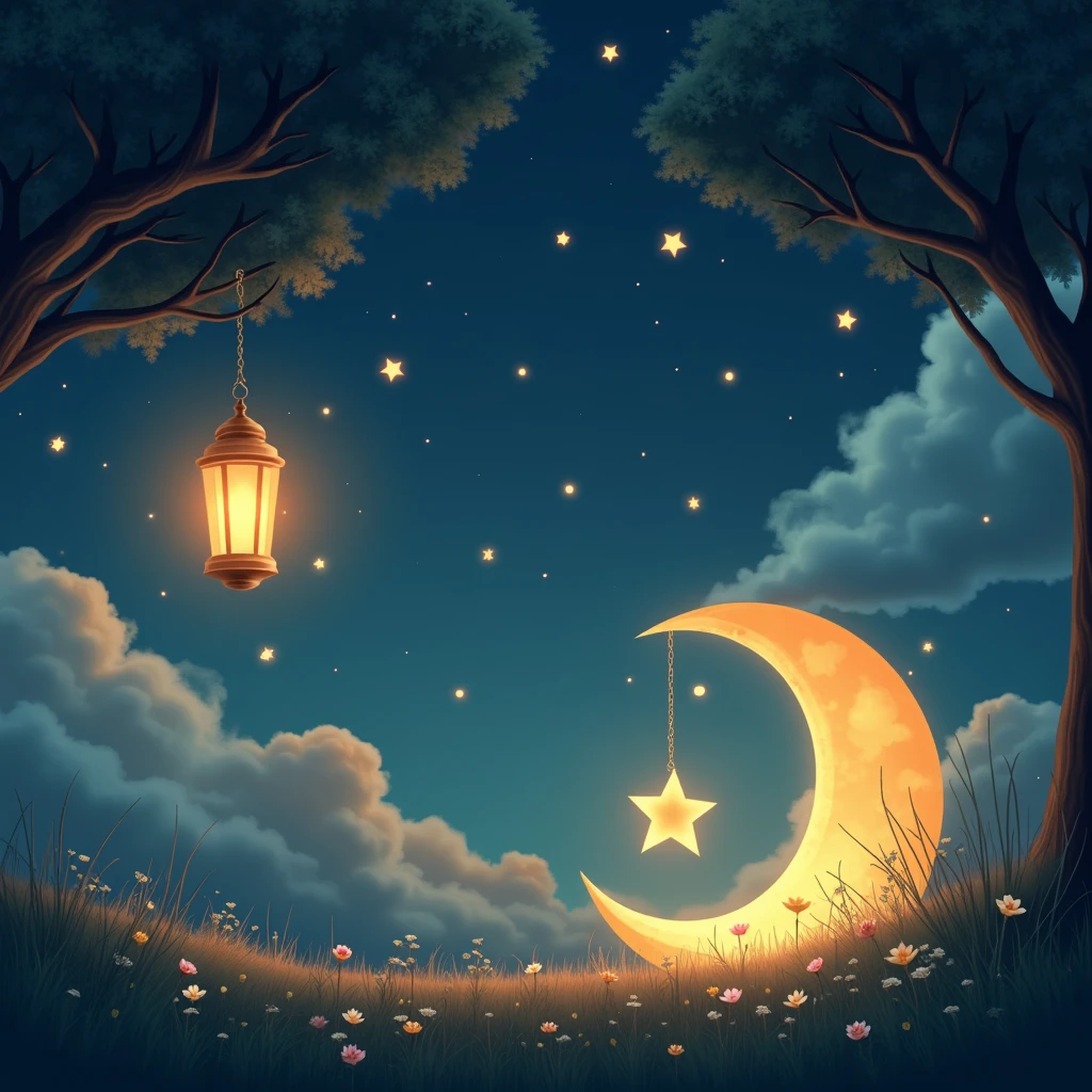 "A tranquil Islamic-themed nighttime scene designed for ren. A cozy crescent moon cradles a glowing star, surrounded by soft, fluffy clouds that emit a gentle blue and golden glow. The sky is dotted with shimmering stars forming intricate Islamic patterns, creating a soothing and serene atmosphere. A glowing lantern hangs from a nearby tree, illuminating a small patch of grass with delicate flowers. The setting conveys peace and comfort, symbolizing the blessings and tranquility of restful sleep under divine protection."