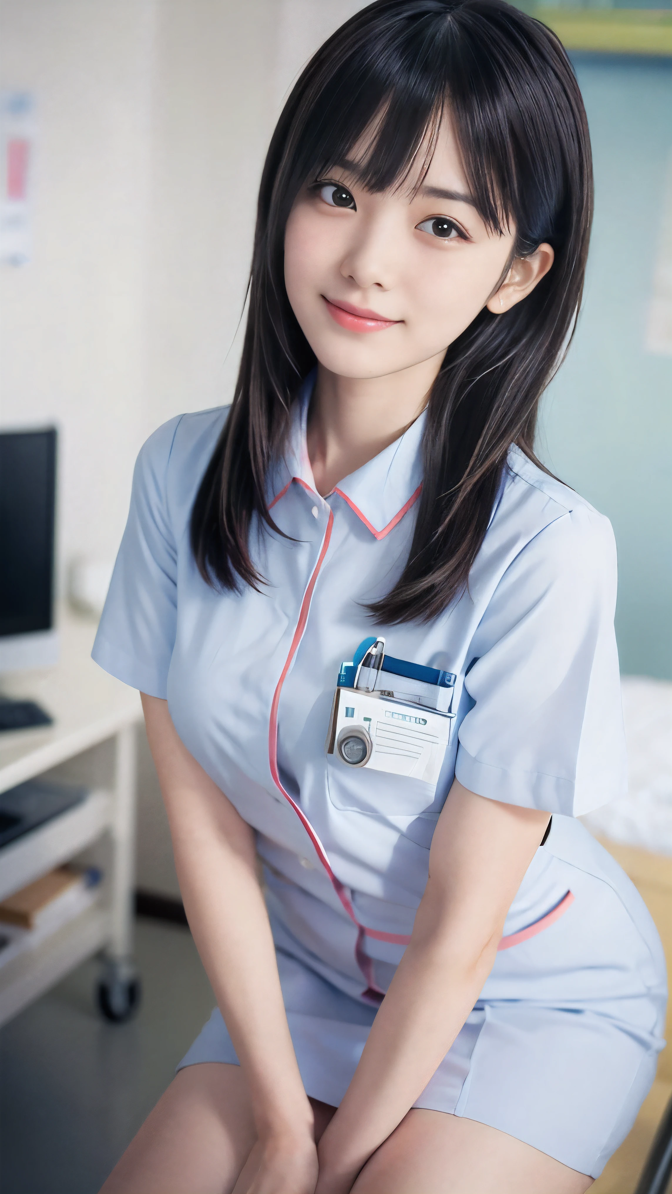 (Close-up face shot of one slender small breasts two side up black medium hair with bangs girl in a white nurse uniform:1.5)、(One nurse measuring blood pressure in the hospital room with small smile:1.5)、(blurred background:1.5)、(Natural light:1.5)、(High-key photo:1.5)、(8k ultra detailed master piece:1.5)、(perfect anatomy:1.5)、(Photorealistic stick:1.5)、(Raw photo:1.3)、(highest quality:1.5)、(High resolution:1.3)、(Delicate and beautiful perfect face:1.3)、(Delicate and beautiful eye air skin:1.3)、(Real Human Skin:1.3)、((thin legs))
