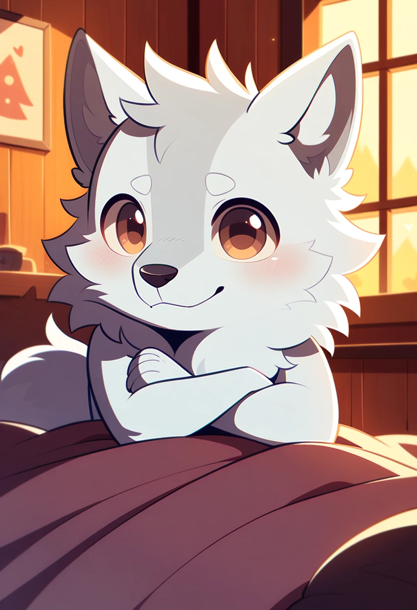 Solo, cute anthro furry white wolf male, anthropomorphic, brown eyes, brown wolf ears, white wolf tail, cute snout, in a cozy cabin, wearing sleeper, sleeper pants, laying down on the blanket, smiling, Bedroom, close up, looking at viewer, (white fur), (white wolf), cute, cartoon style, adorable art, chibi art, (Chibi), (crossed arms), Chibi, blushes up, red face, barefoot.