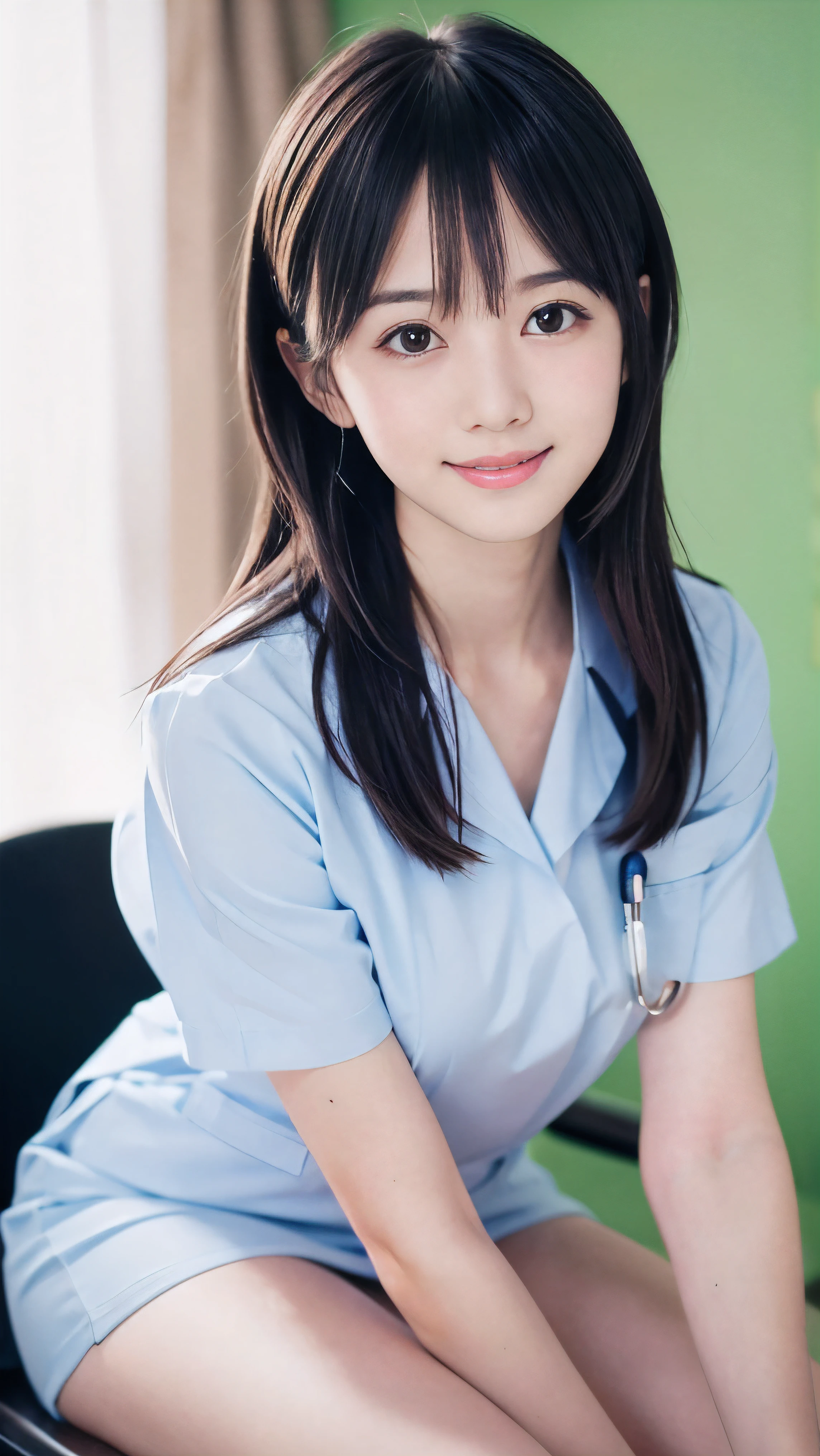 table top, highest quality, 8K, 16 years old, Ten generations, RAW photo, absurd, award-winning portraits, smile, smile, alone, daytime, idol face, violaces, delicate girl, Upper body, Digital single-lens reflex camera, looking at the viewer, Frank, Sophisticated, Zora々right, thin arms, professional lighting, film grain, chromatic aberration, (Eye and face details:1.0), (Bokeh:1.1), (hyper pretty face:1.2)、(beautiful face:1.2), beautiful woman、nurse、nurse uniform、nurseの制服、(半袖のnurse uniform:1.2), black haired、middle straight hair、bangs、(Japanese)、short hair、skirt、skirtのnurse uniform、cute nurse、full body photo、full body figure