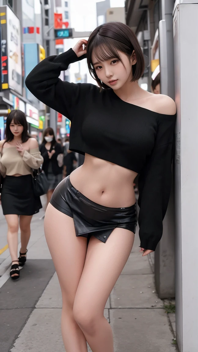 1 woman、(very beautiful)、(beautiful face:1.5)、(stand:1.4)、(Shot from the knee)、(detailed face:1.5)、(eye for detail:1.2)、(detailed lips:1.2)、(detailed nose:1.2)、(Lift up your skirt and expose your panties.:1.8)、(high school :1.5)、(plaid skirt:1.3)、(White transparent panties:1.5)、(school sweater)、(assembly:1.1)、(bare legs)、(brown hair)、(Sidewalk in Shibuya)、(In SFW:1.7)、(night:1.4)
