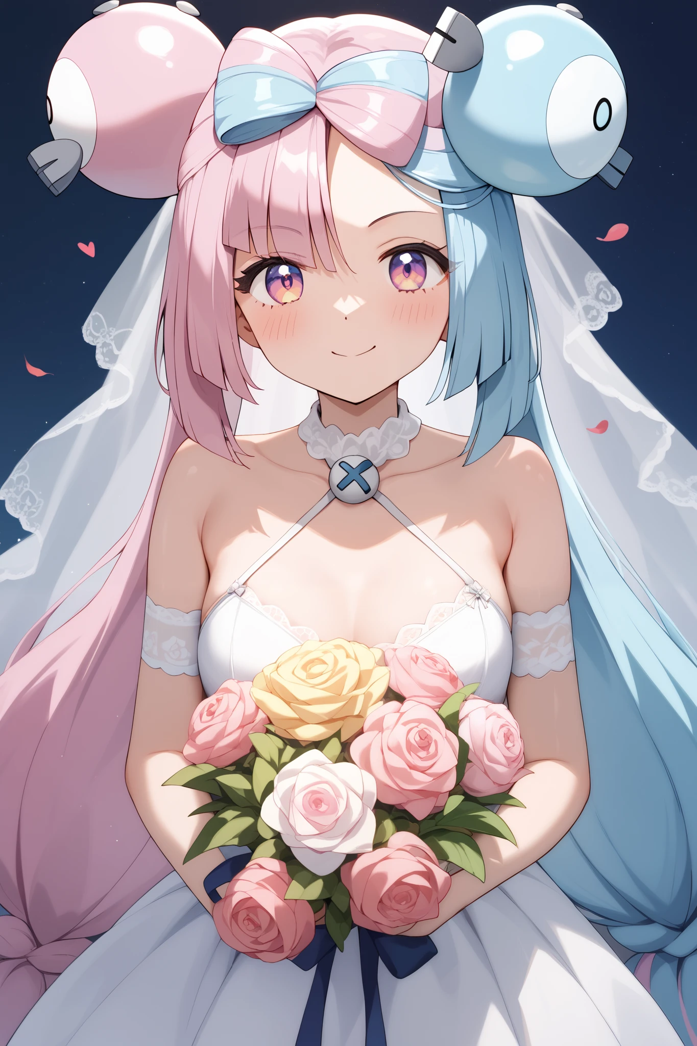 NSFW,masterpiece, top quality , high res, very detailed,Pokemon Iono、 blue hair、Bow-shaped hair、キャラクターの hair ornament、 hair ornament、 long hair、低く結んだ long hair、Multicolored Hair、 pink hair、 split color hair、 twin tails、 two-tone hair 、 pink eyes, wedding dress ,bouquet,Wedding Venues