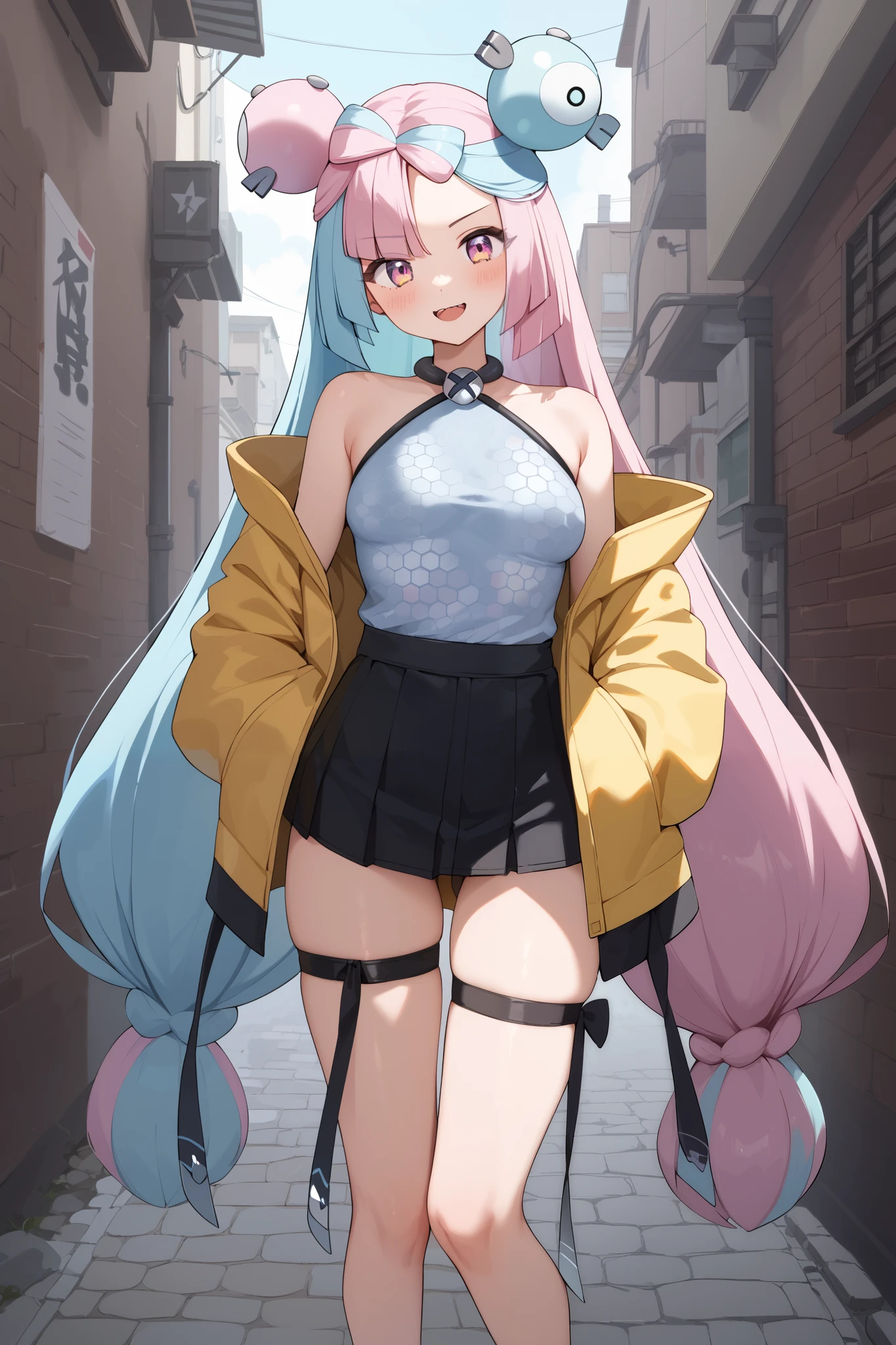 NSFW,masterpiece, top quality , high res, very detailed,Pokemon Iono、 blue hair、Bow-shaped hair、キャラクターの hair ornament、 hair ornament、 long hair、低く結んだ long hair、Multicolored Hair、 pink hair、 split color hair、 twin tails、 two-tone hair 、 pink eyes, Sexy Outfit ,Nightlife,alley