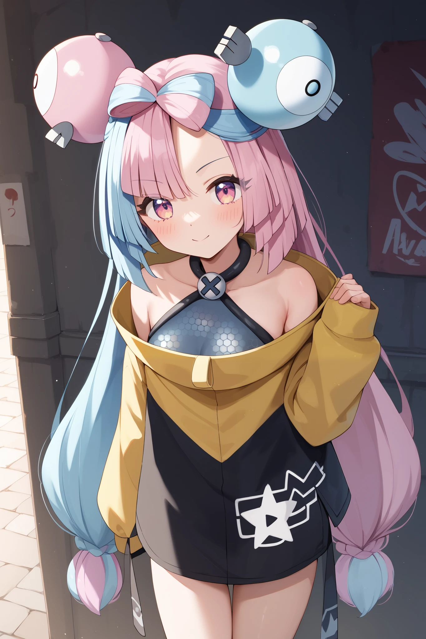 NSFW,masterpiece, top quality , high res, very detailed,Pokemon Iono、 blue hair、Bow-shaped hair、キャラクターの hair ornament、 hair ornament、 long hair、低く結んだ long hair、Multicolored Hair、 pink hair、 split color hair、 twin tails、 two-tone hair 、 pink eyes, Sexy Outfit ,Nightlife,alley