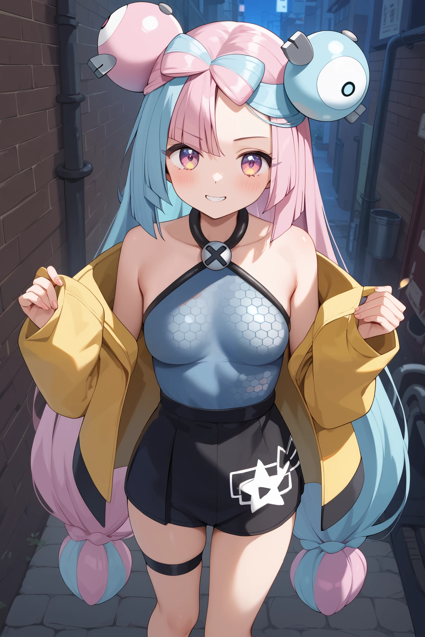 NSFW,masterpiece, top quality , high res, very detailed,Pokemon Iono、 blue hair、Bow-shaped hair、キャラクターの hair ornament、 hair ornament、 long hair、低く結んだ long hair、Multicolored Hair、 pink hair、 split color hair、 twin tails、 two-tone hair 、 pink eyes, Sexy Outfit ,Nightlife,alley