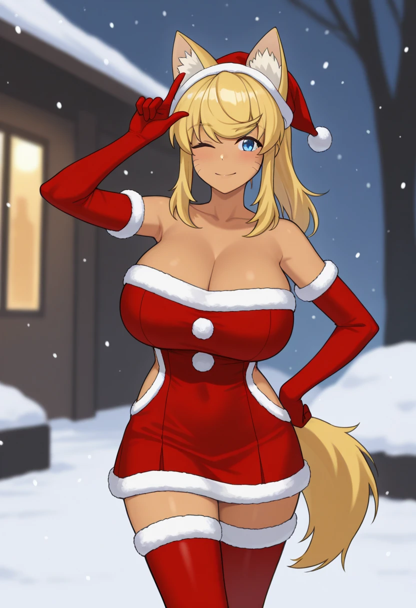 masterpiece, best quality, solo, 1girl, l1ru, dark-skinned female, yellow tail, wolf tail, whisker markings, smile, looking at viewer, standing, hand on own hip, index finger raised, pointing up, long hair, blonde hair, ponytail, santa hat, wolf ears, animal ear fluff, extra ears, blue eyes, one eye closed, short dress, red dress, fur-trimmed dress, strapless, side cutout, red gloves, elbow gloves, fur-trimmed gloves, red thighhighs, fur-trimmed thighhighs, bare shoulders, collarbone, cleavage, huge breasts, outdoors, snowing
