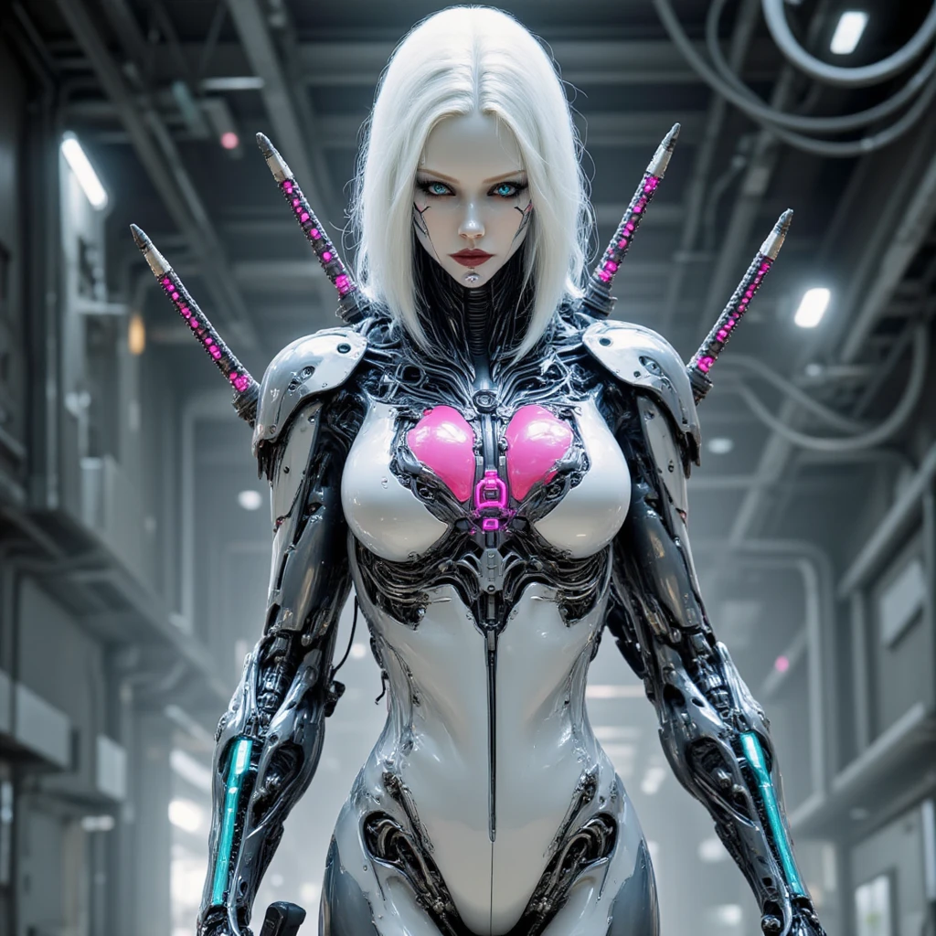 A stunning 27-year-old woman stands tall and commanding, her full figure framed by a minimalist, monochrome backdrop. The background is a muted shade of soft grey, with winding wires suspended in the air, their intricate loops creating a futuristic, yet industrial feel, typical of the modern urban landscapes seen in Asian countries. Her Slavic features are sharp, highlighted by high cheekbones, a defined jawline, and pale, translucent skin with a faint metallic sheen. Her sleek, straight hair flows back into vibrant lime-green tips, subtly shimmering under the soft, ambient lighting that bathes the scene. Her piercing blue eyes, accentuated with smoky metallic makeup, fixate on the viewer with intensity and precision. She is dressed in a glossy white latex outfit, adorned with patches of vibrant bio-plastic inlays of neon pink, cyan, and violet, which shine like liquid glass. Chrome prosthetic limbs replace her arms and legs, their mechanical joints exposed, showcasing expert craftsmanship. Her chest is open, revealing a human heart encased in bio-glass, glowing softly with luminous veins. Strapped across her back are two sleek cyber katanas, glowing faintly with neon-blue accents, exuding power and elegance. She holds a futuristic cyber weapon, designed with a sharp, sleek form that mirrors her mechanical precision.

The setting, though minimalist, exudes a sense of controlled chaos, with the wires twisting in the background, and the clean, industrial environment amplifying her cyberpunk presence. The focus is sharp on her figure, illuminated by soft ambient lighting, contrasting against the sterile yet mechanical atmosphere.

This refined version maintains a professional tone and adapts the minimalist aesthetic, with a focus on precision and power in the woman’s design and environment.