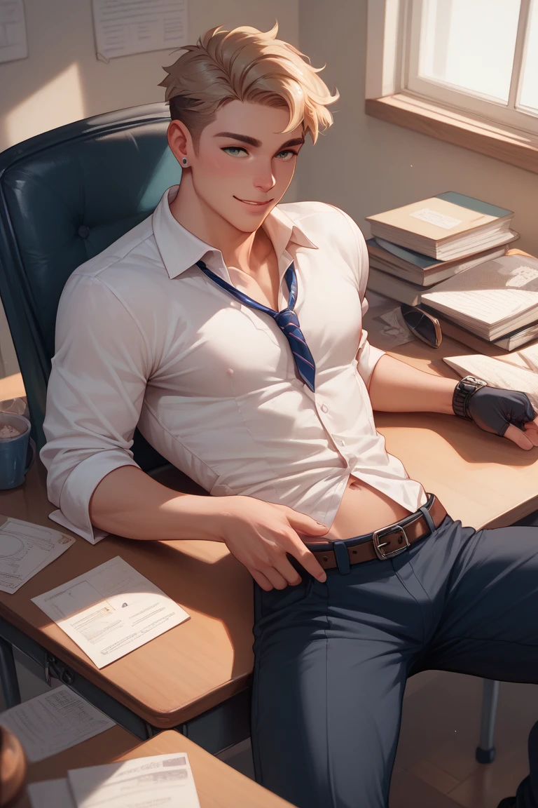 boy around 20 years sitting on chair and laying on desk. fall asleap.