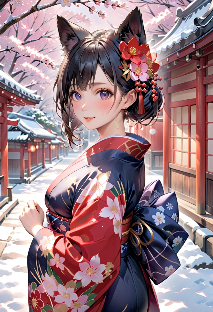 Age 25， Woman with Dog Ears，   Very black hair，           black ear         ， January， adult，kimono，new year，New Year Shrine Visit  ，