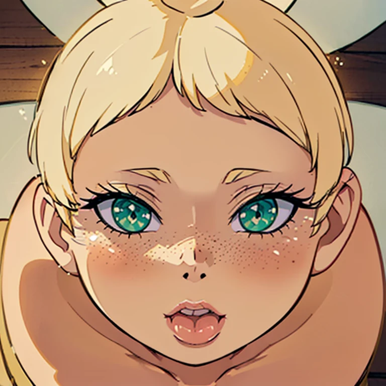 a young  cat girl, beautiful detailed eyes, beautiful detailed lips, extremely detailed eyes and face, long eyelashes, short blonde hair, flat chest, small ass, cute and adorable, (best quality,4k,8k,highres,masterpiece:1.2),ultra-detailed,,highres, studio lighting, vivid colors, 2d anime style, cute her face like +_+ she is almost naked she is covered with cum a dick in her mouth 