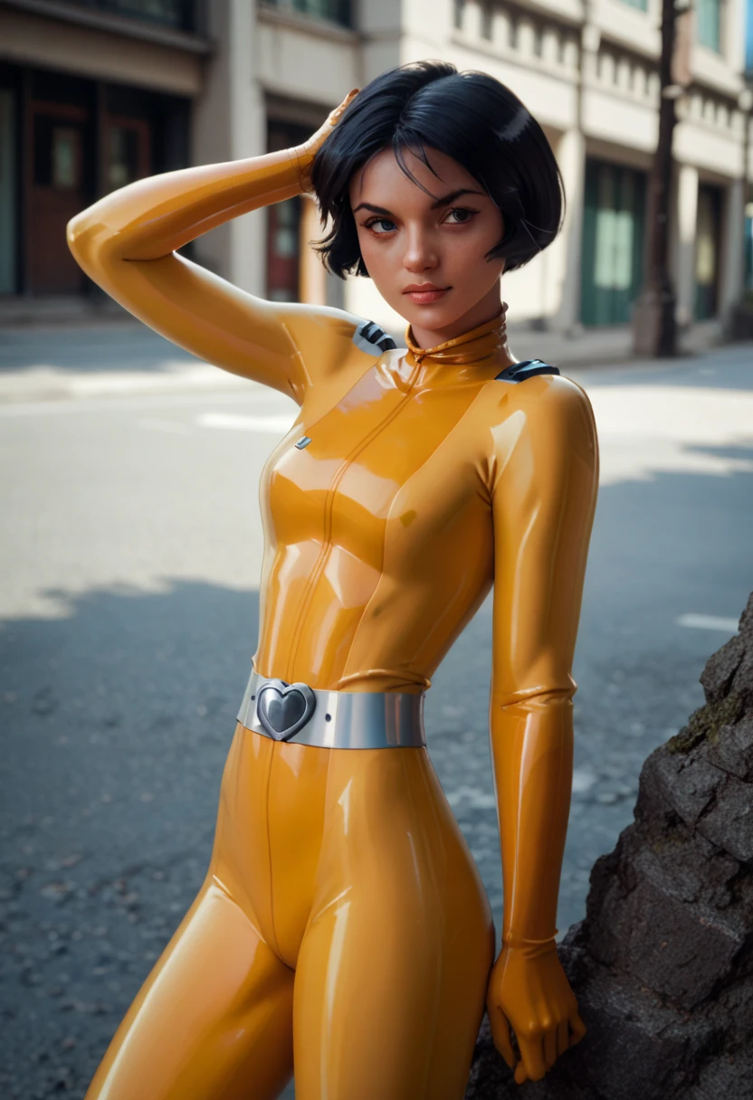 score_9, score_8_up, score_7_up, score_6_up, score_5_up, score_4_up, tsalex, short hair, bob cut, black hair, yellow latex bodysuit,sexy pose,silver belt