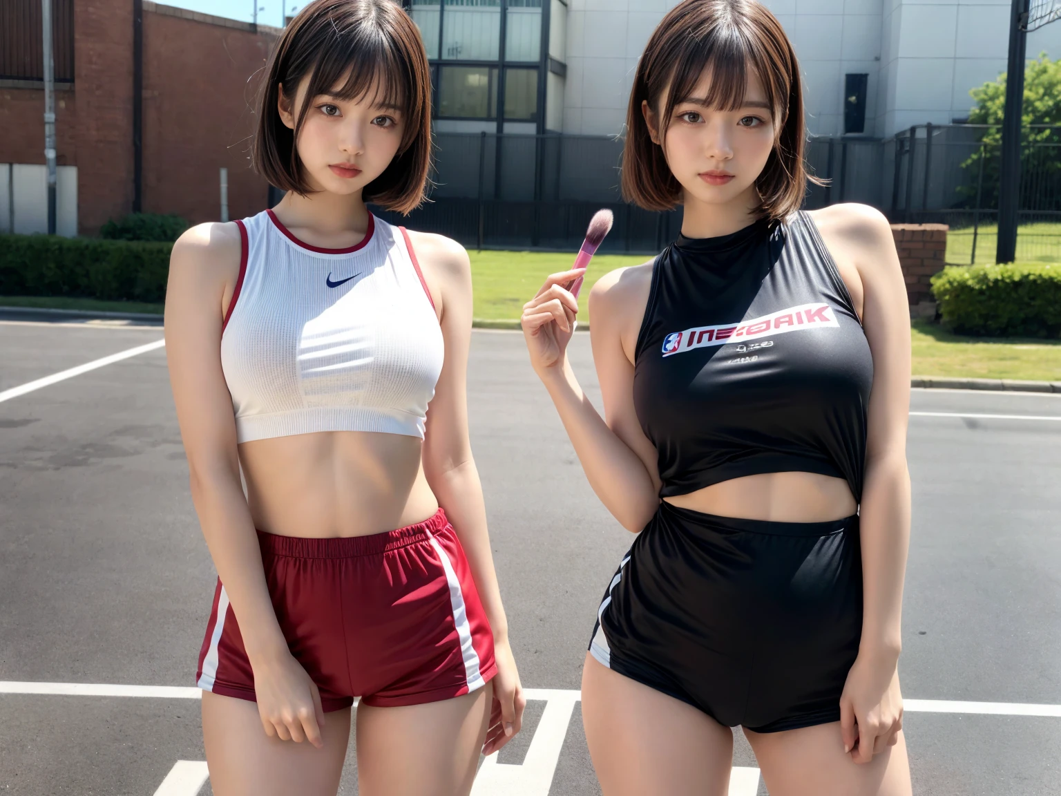 2 girls in , Happy smile, Blue eyes, masutepiece, Best Quality, Detailed, Lori, Two junior high school students,(2 girls in:1.8),( Wet with sweat:1.2), (Separate wear for track and field(Numbered),(wet and see-through sleeveless clothes):1.4),Lori, (Very small:1.7),(Big:1.3)(Girl with wavy hair in a bob cut:1.4),(girl with short cut glasses:1.2),(we are a team:1.6), (小柄:1.4),(Wet and transparent white low-rise racing bloomers(With sponsor logo),(Sticks to the crotch):1.6)、(Mansuji muscle:1.4),(Looks beautiful:1.3)、(Pubic hair sticking out a little:1.6),(Athletics stadium during the competition:1.5),(Two girls just before the goal:1.5),(No Underwear:1.4) ,(Small nipples show through:1.2),(matching track shoes:1.2),(can see through:1.4),(You can see through your:1.4),(Less pubic hair shows through:1.3),japanse, small brest, Vulgar