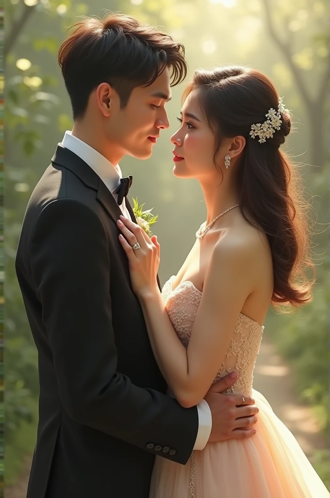 professional wedding photography, (Masterpiece), (intriciate detail), (photorealestic:1.3), (film grain:1.3), (perfect anatomia:1.3), [:(intriciate detail), (detailed skin), (Detailed face):0.2], epiCRealism, In Beijing, China, on the Great Wall of China, break, Korean, (man and woman couple), a romantic photoshoot with a couple wearing elegant outfits and holding hands or kissing, nice hands, The Perfect Hand,