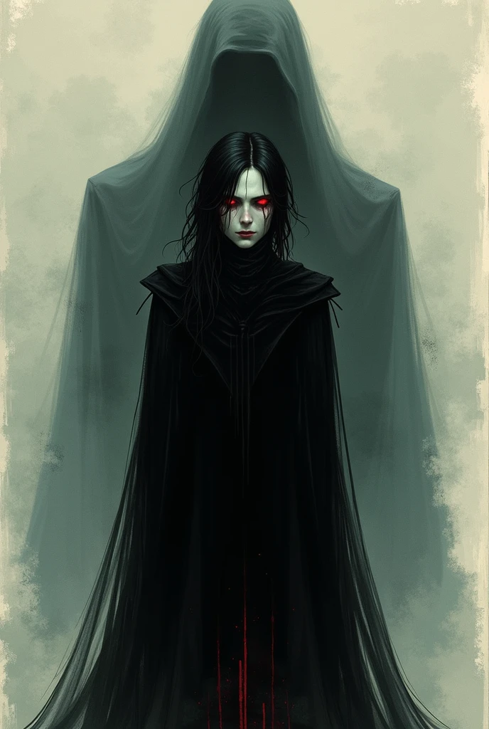 Masterpiece, best quality, darkest black, a girl stands, full body, stylish, big clothing silhouette, mechanical, almost can’t see the guy, break (red glowing eyes), shining red eyes, break in the dark, (black background), simple, scary, ink, shadow, looking at viewer