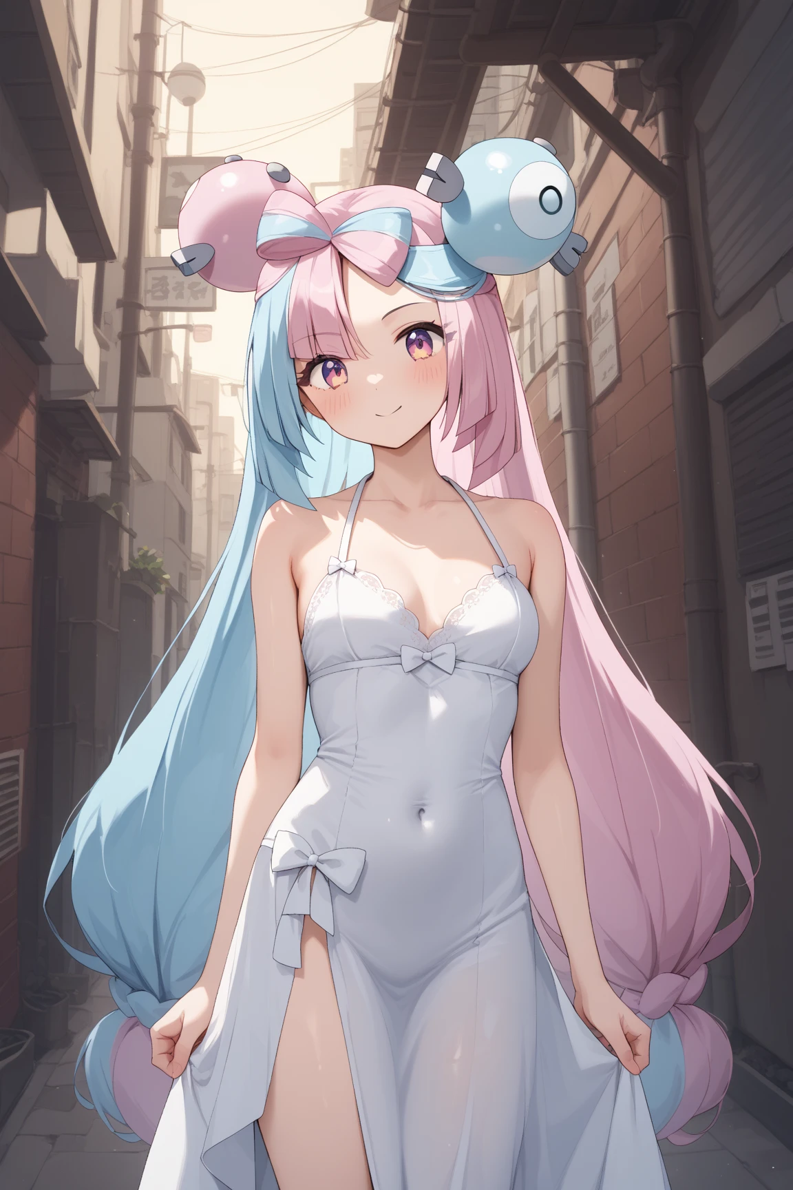 NSFW,masterpiece, top quality , high res, very detailed,Pokemon Iono、 blue hair、Bow-shaped hair、キャラクターの hair ornament、 hair ornament、 long hair、低く結んだ long hair、Multicolored Hair、 pink hair、 split color hair、 twin tails、 two-tone hair 、 pink eyes, Evening Dress,Nightlife,alley